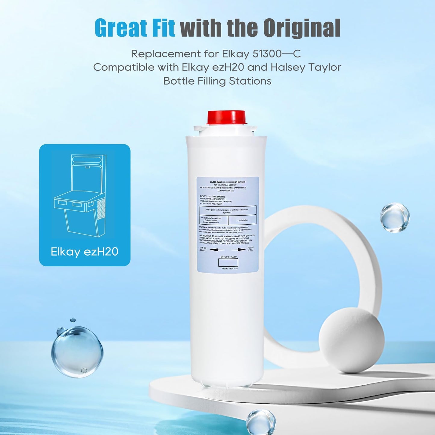 51300C Replacement (3 Packs-No Chip),Compatible with EzH2O Filter Replacement Bottle Station High Capacity 3000 Gallon,Replacement EWF3000 for 51300/C ERF750, 51299C, 55898C (3)