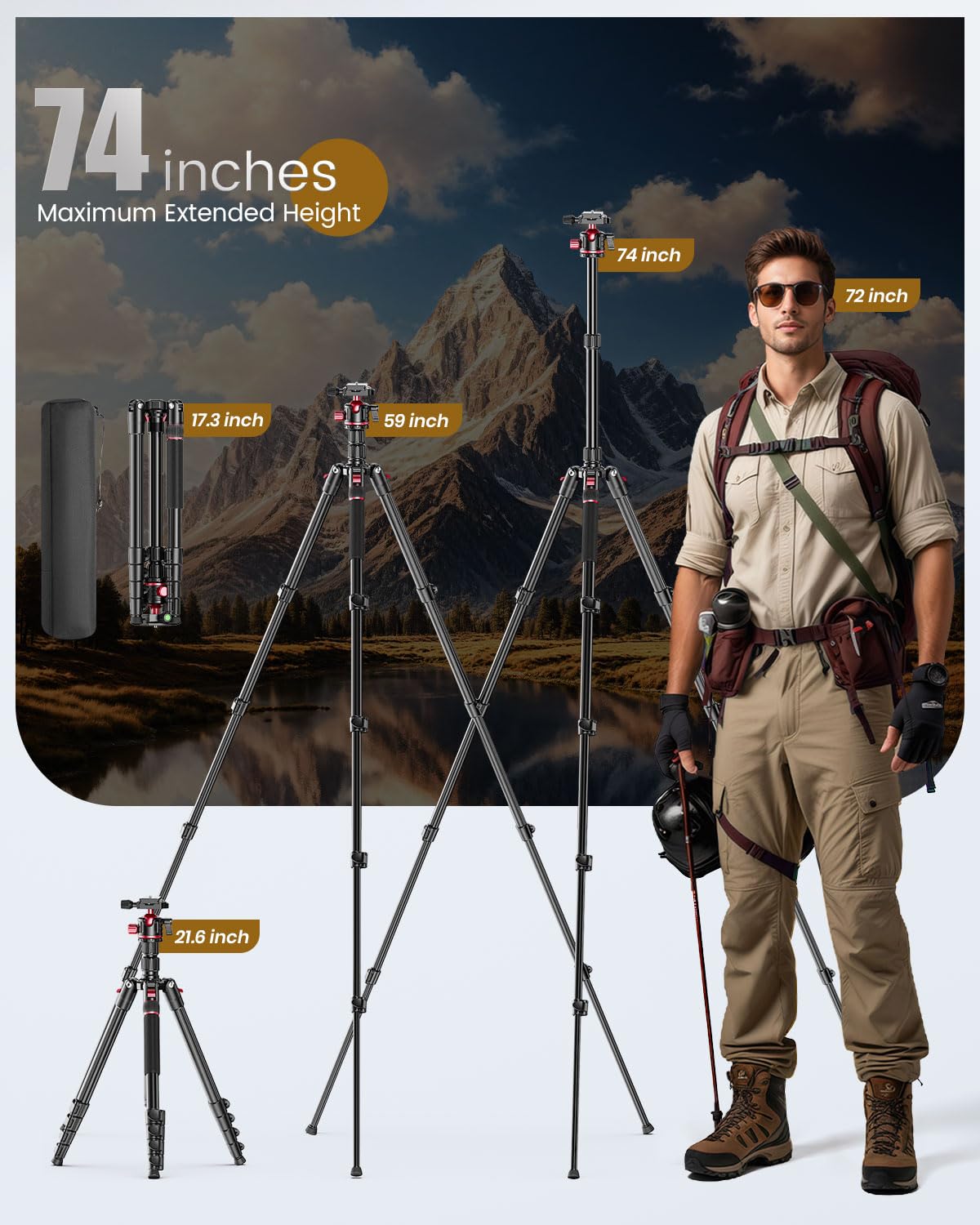 CAMBOFOTO 74-inch-Professional-Camera-Photography-Tripod, Ball Head Aluminum DSLR/SLR Tripod & Monopod with Carry Bag Compatible with Canon Nikon Binoculars Laser Telescope (Weight 3 Lbs, 13Lbs Load)