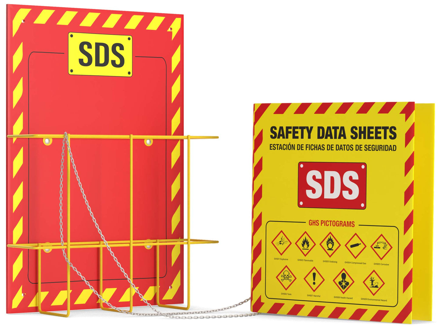 MSDS Wall Station - 3 Inch 3 Ring Material Safety Data Sheet Binder with SDS Wire Rack and Display Sign, Chain, Mounting Hardware, SDS Poster, MSDS Labels - Bilingual Heavy Duty OSHA Yellow Binder