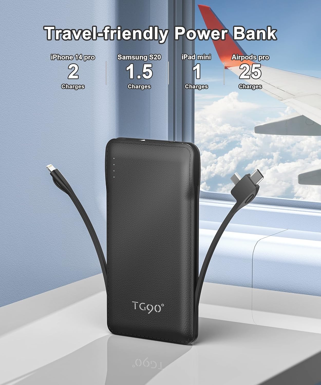 TG90° Portable Charger with Cords 10000mAh Power Bank with Built in Cables Battery Backup Cell Phone External Battery Pack Compatible with iPhone16/15 and Android Phone Travel Battery Pack