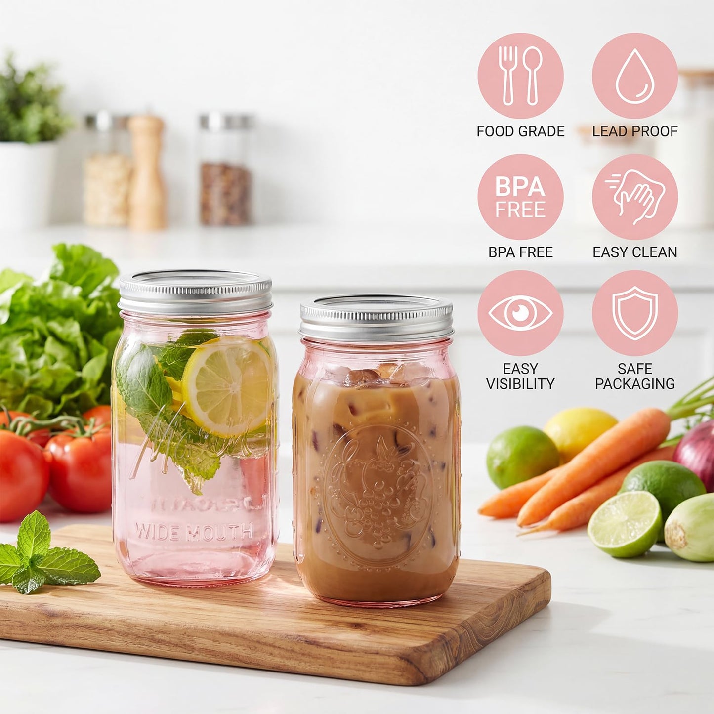 SUT Wide Mouth Mason Jars 32 oz,9 Pack Quart Mason Jars With Airtight lids and Bands,Pink Canning Jars 32 oz for Preserving,Meal Prep,Overnight Oats,Fermenting, Pickling