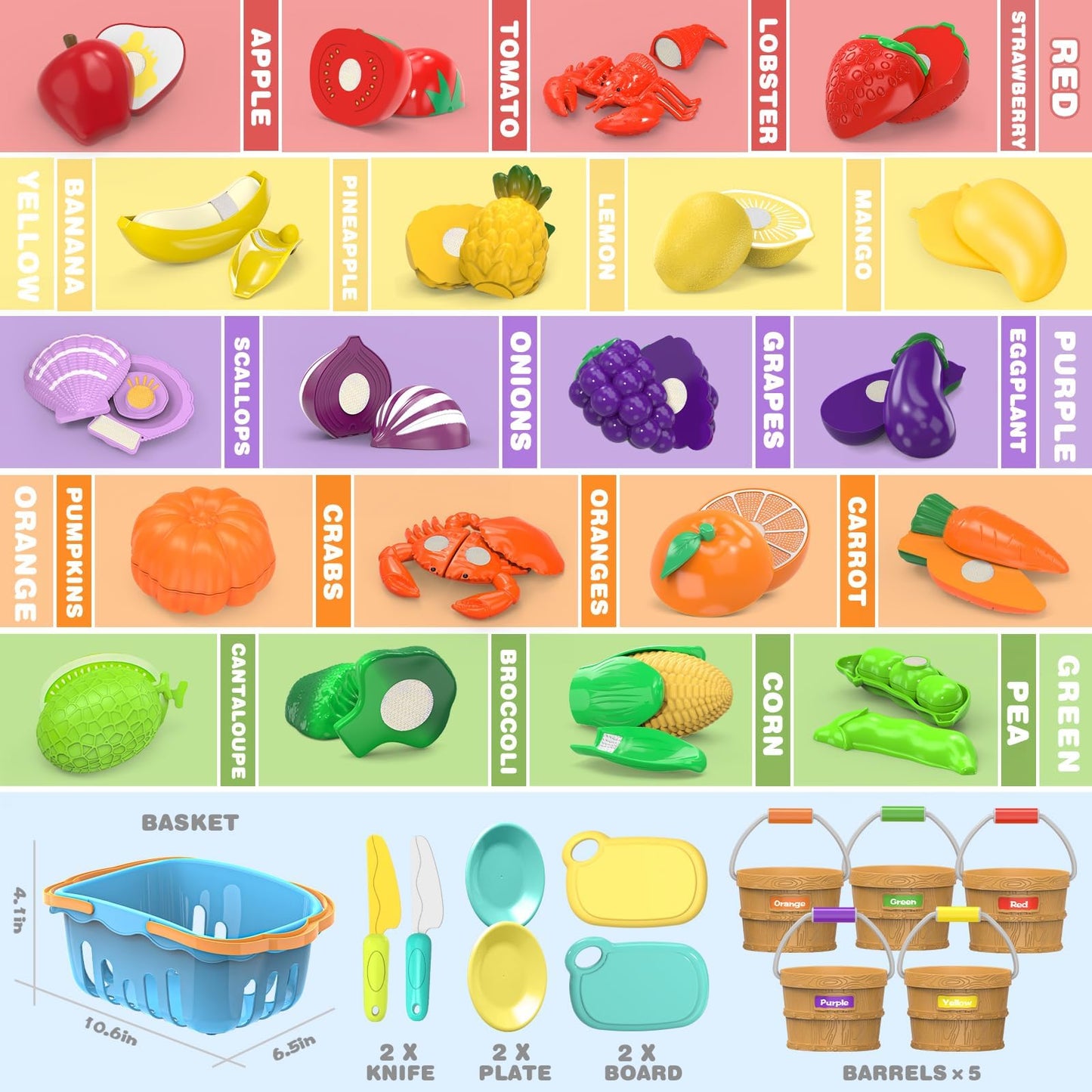 Food Toys for Kids Pretend Play Kitchen Accessories Food Sorting Toy Fake Fruits and Vegetables Set with Shopping Storage Basket Table