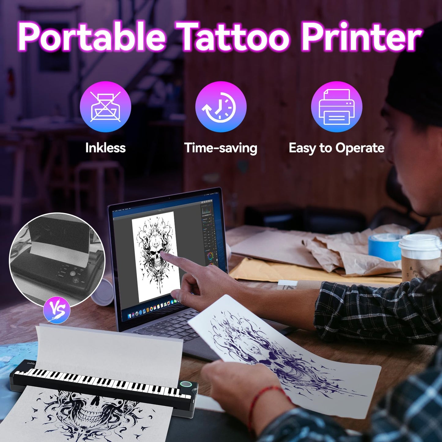 PeriPage Pino Wireless Tattoo Stencil Printer - Portable Thermal Transfer Machine for Pro & Beginner Tattooists, Compatible with Phone, Pad & PC