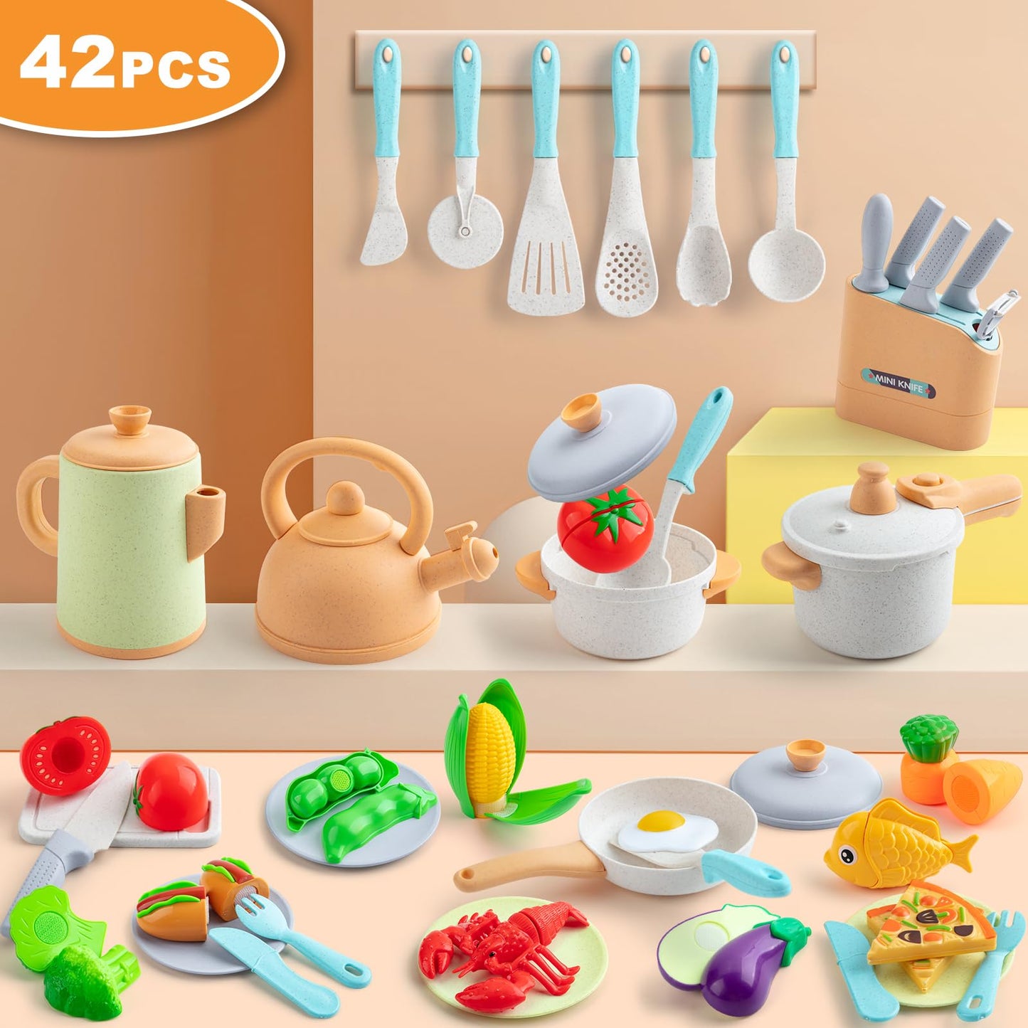 SWEYOGURT TIKJOYFUL 42Pcs Play Kitchen Accessories, Kids Kitchen Pretend Play Toys with Play Pots and Pans, Utensils Cookware Toys, Play Food Set, Toy Vegetables, Learning Gift for Girls Boys