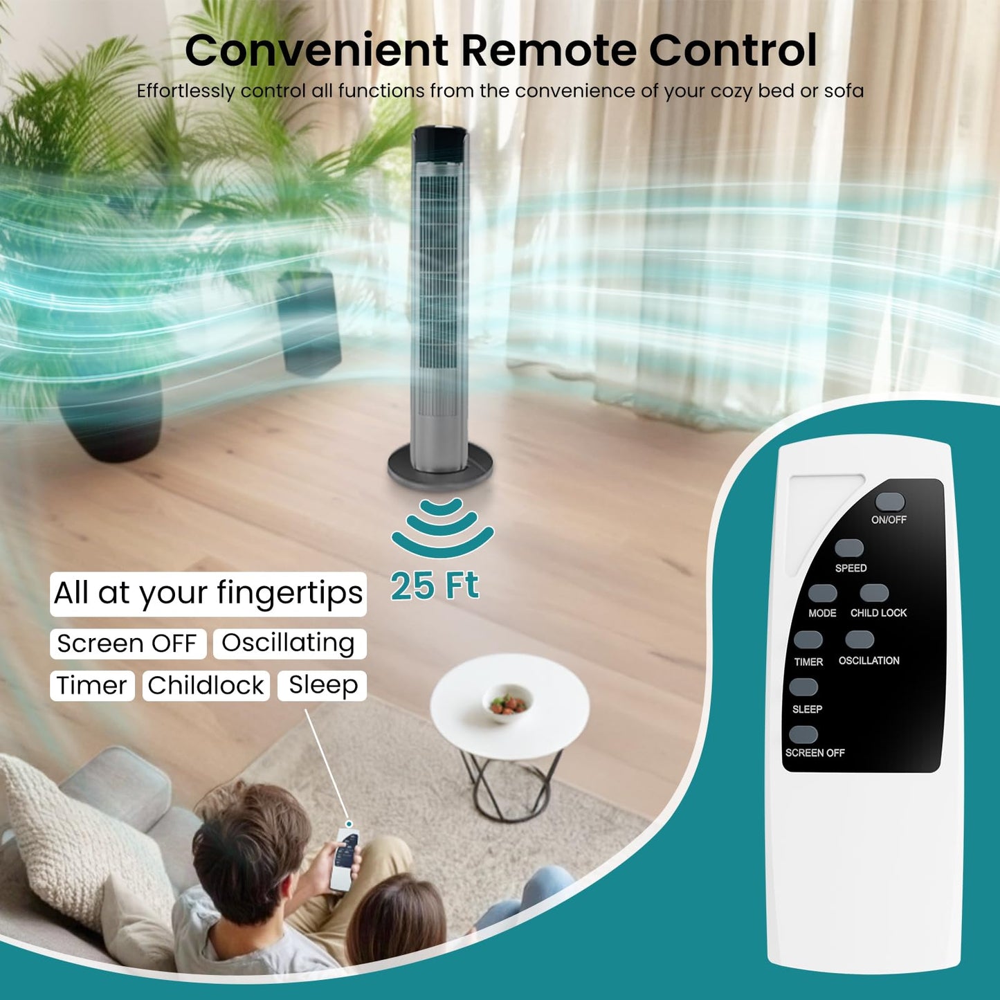 KMFurnila Tower Fan for Bedroom, 36 Inch Bladeless Floor Fan with Remote, 60° Oscillating Electric Standing Fan, 5 Speeds & 4 Modes, 12H Timer, 28dB Quiet, 25ft Airflow for Home, Office, Indoor Use