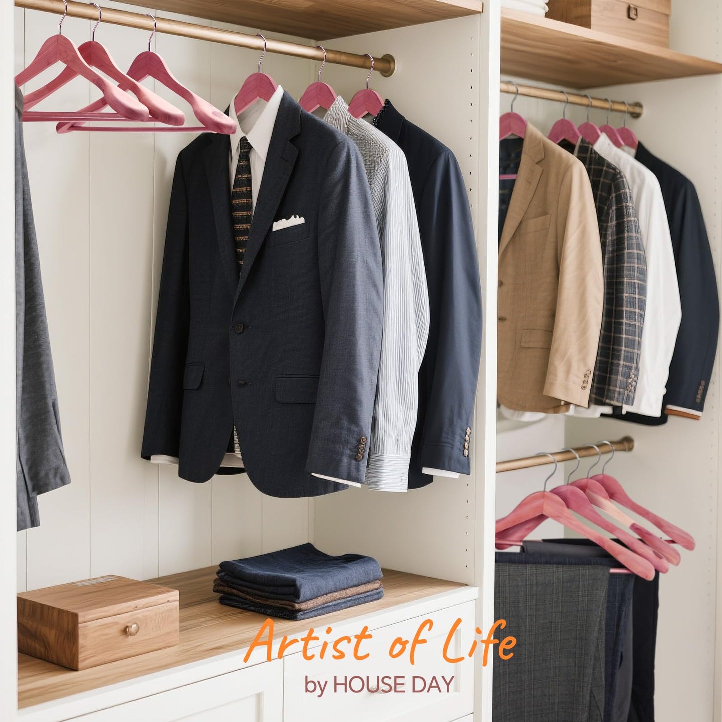 HOUSE DAY Wide Shoulder Cedar Hangers for Suits and Coats with Non Slip Pant Bar,360° Swivel Hook, Smooth Finish Cedar Wood Hangers for Closet, Closet Essentials, 10 Pack