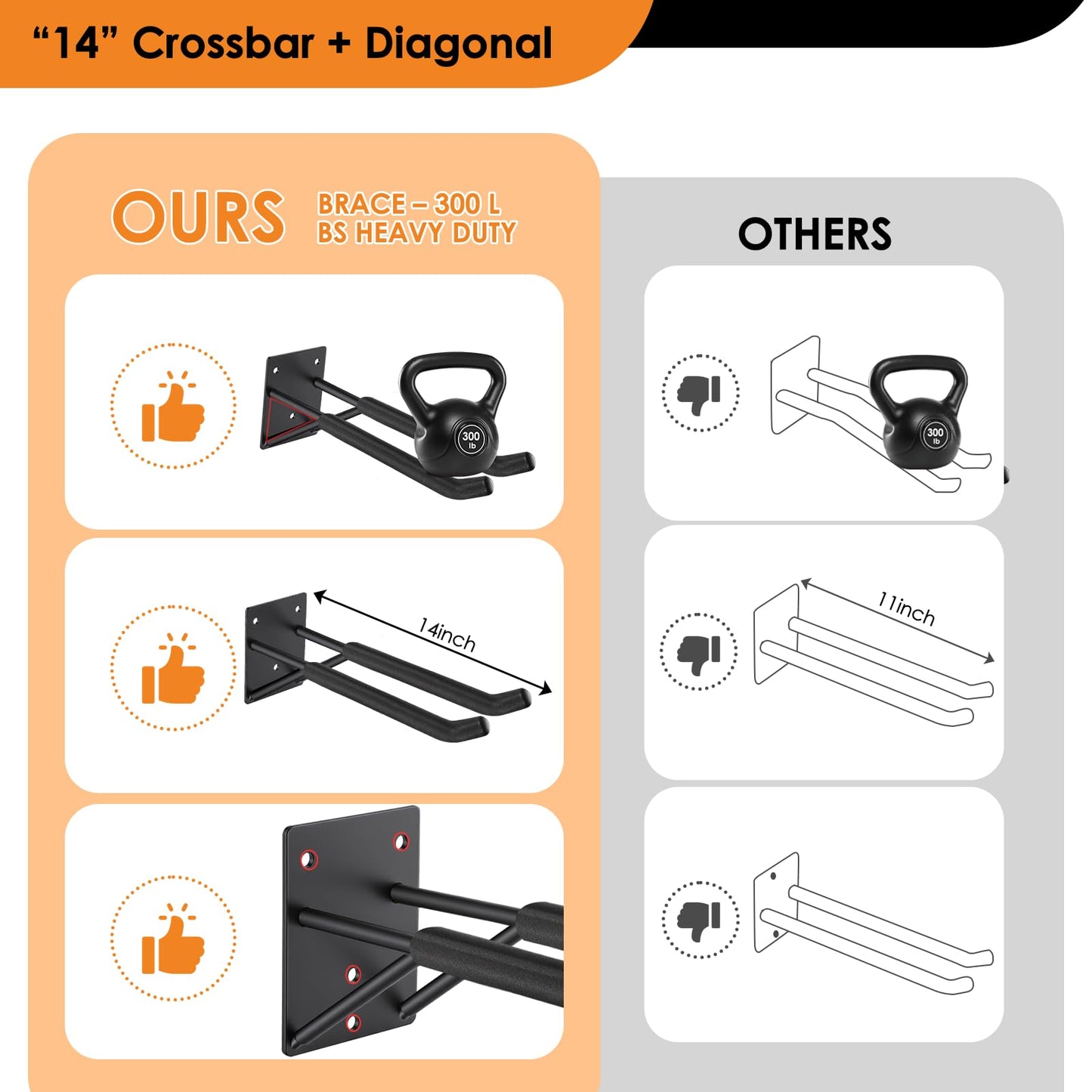 14" Garage Hooks Heavy Duty 8-Pack - Garage Storage System Hooks, Ladder Hooks for Garage Wall & Broom Holder Wall Mount | Non-Slip Tire Rack & Heavy Duty Wall Hooks for Hanging Ladders, Chairs.