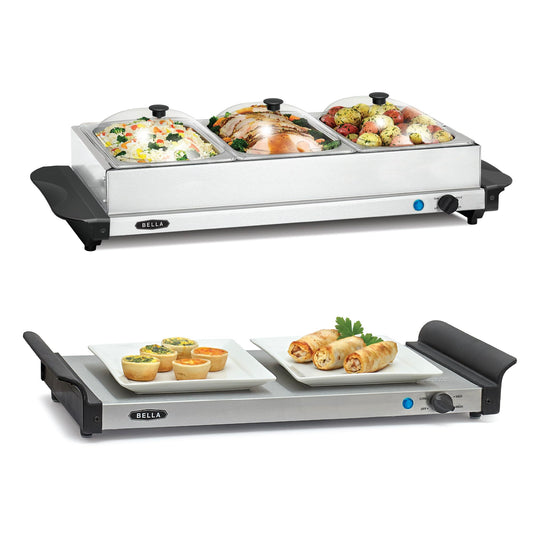 BELLA 4.5 Quart Triple Electric Buffet Server, Food Warming Tray & Slow Cooker - Brushed Stainless Steel Heated Serving Station for Parties & Catering