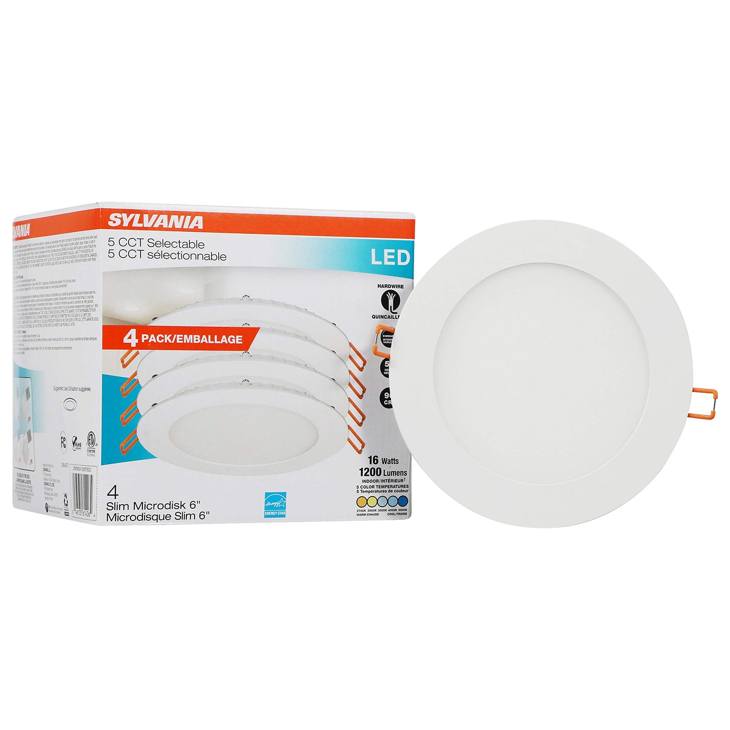 SYLVANIA LED 6" Slim Microdisk Recessed Downlight Junction Box, 16W, CCT 5 Color Selectable, 2700K/3000K/3500K/4000K/5000K, 1200 Lumens, Dimmable - 4 Pack (61406)