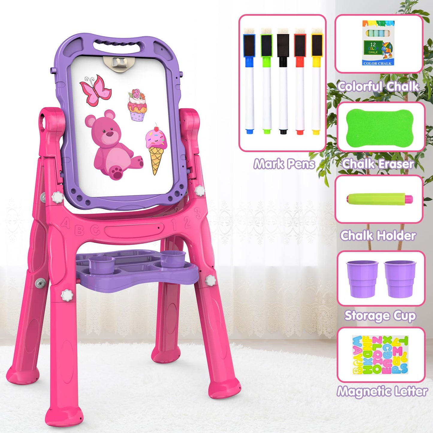 Amagoing Easel for Kids for Age 2-4, Adjustable Standing Art Easel for Toddler, Double Magnetic Drawing Board with Painting Accessories, Birthday Christmas Gift Toy for Little Boys and Girls 3 4 5 (Purple)