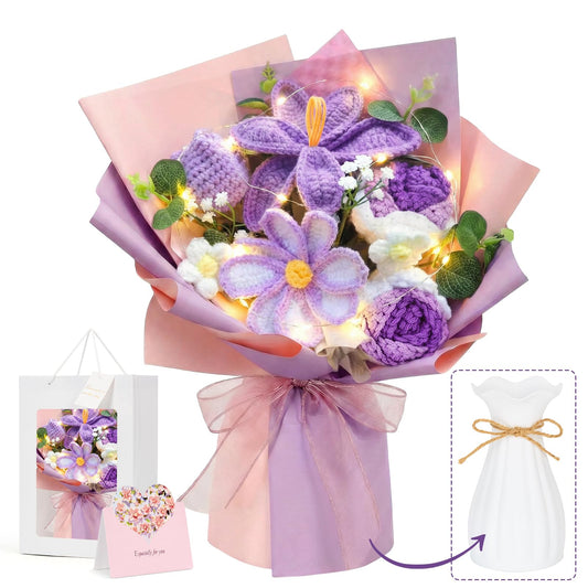 Crochet Flower Bouquet, Purple Handmade Knitted Flowers with Lights & Vase Crochet Tulips Galsang Liliy Rose Daisy Flower for Mothers Day Graduation Wedding Lover Teacher Anniversary Birthday Gift