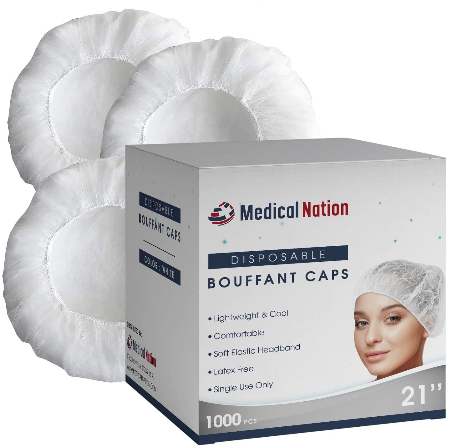 Medical Nation 21" Disposable Bouffant Caps |CASE of 1000, White| Hairnets, Non-Woven, Non-Pleated Head Hair Covers |for Medical, Labs, Nurse, Tattoo, Food Service, Hospital, Cooking - Size 21" White