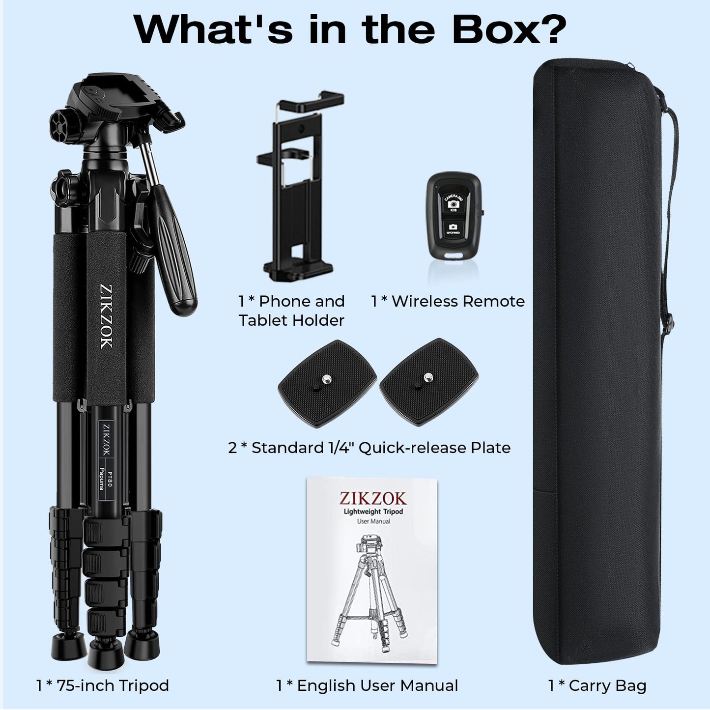 75" Camera Tripod for Cell Phone, Travel Tripod for Camera with Wireless Remote, Heavy Duty Camera Stand Tripod for DSLR/SLR/DV/GoPro (Black)