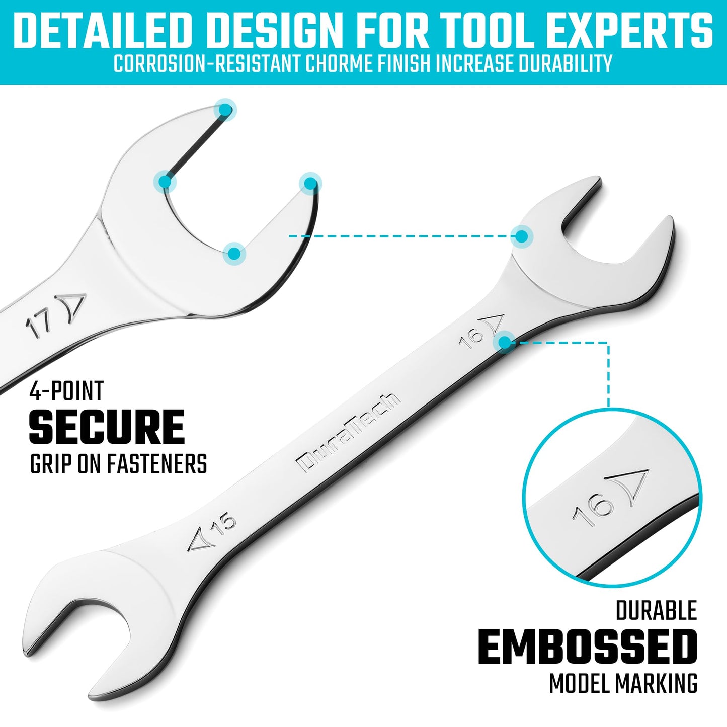 DURATECH Super-thin Open End Wrench Set, SAE and Metric (from 5/16" to 1-1/16", 5.5mm to 27mm), 16-Piece, Slim Spanner Wrench Set with Rolling Pouch