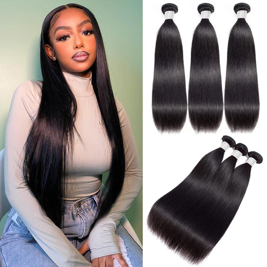 12A Human Hair Bundles - Straight 16/18/20 Inch, 3 Bundles, 100% Unprocessed Brazilian Virgin Hair, Double Weft, Natural Color