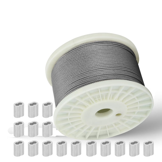 3/32 in Stainless Steel Cable Wire Rope 1000ft, 7x7 Strands Stainless Steel Aircraft Cable, for Deck Railing, String Light Hanging, Marine Rigging, Garden Wire with 300 M2.5 Crimping Loops