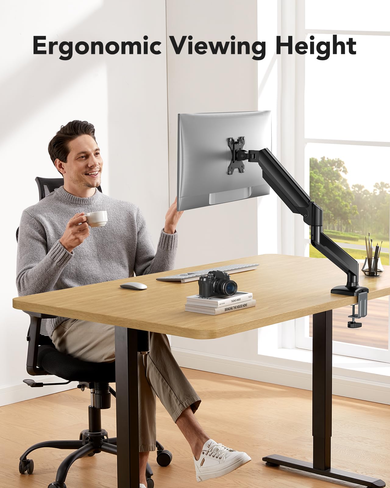 HUANUO Single Monitor Mount for 13-32 inch, Adjustable Gas Spring Monitor Arm, 4.4-22lbs Screen, Monitor Stand with VESA Mount 75x75/100x100, C-Clamp/Grommet Base