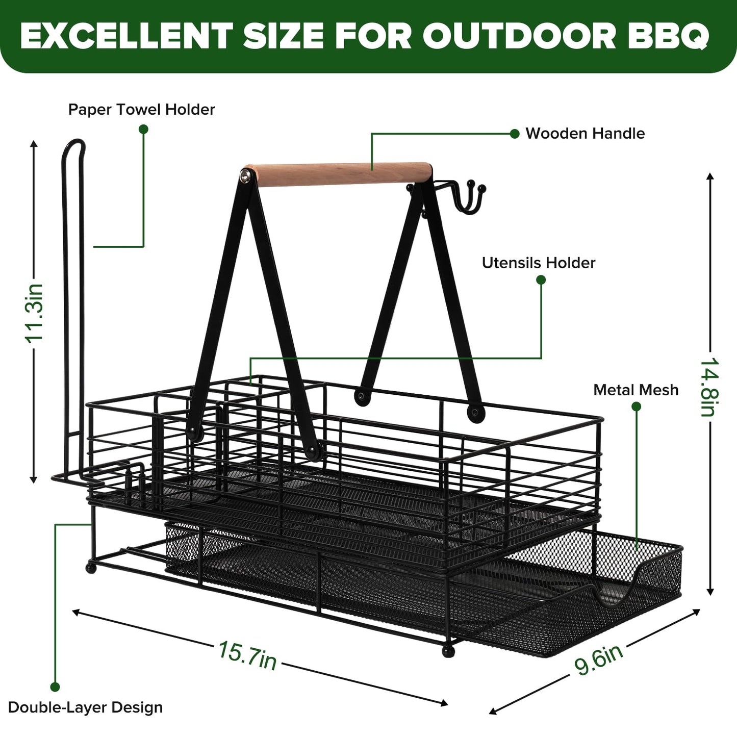 RACOBOT Grill Caddy, BBQ Caddy with Paper Towel Holder, Blackstone Griddle Organizer, Plate and Utensil Holder Organizer for Outdoor Grill, Picnic, Camping, Condiment Storage for Kitchen Counter