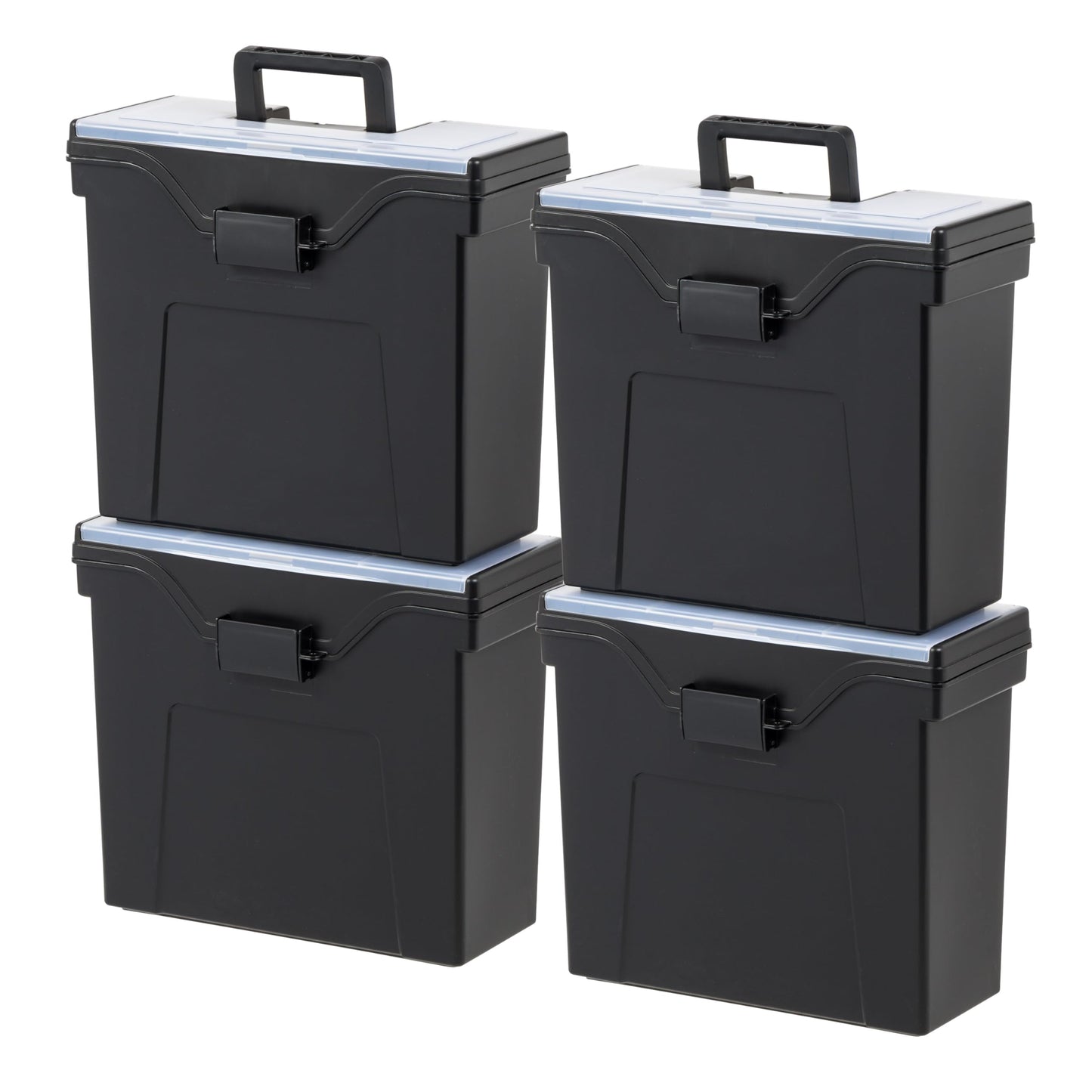 IRIS USA Slim Portable Letter/Legal File Tote Box, 4 Pack, BPA-Free Plastic Storage Bin with Organizer-Lid, Durable, Secure Lid and Handle, Black