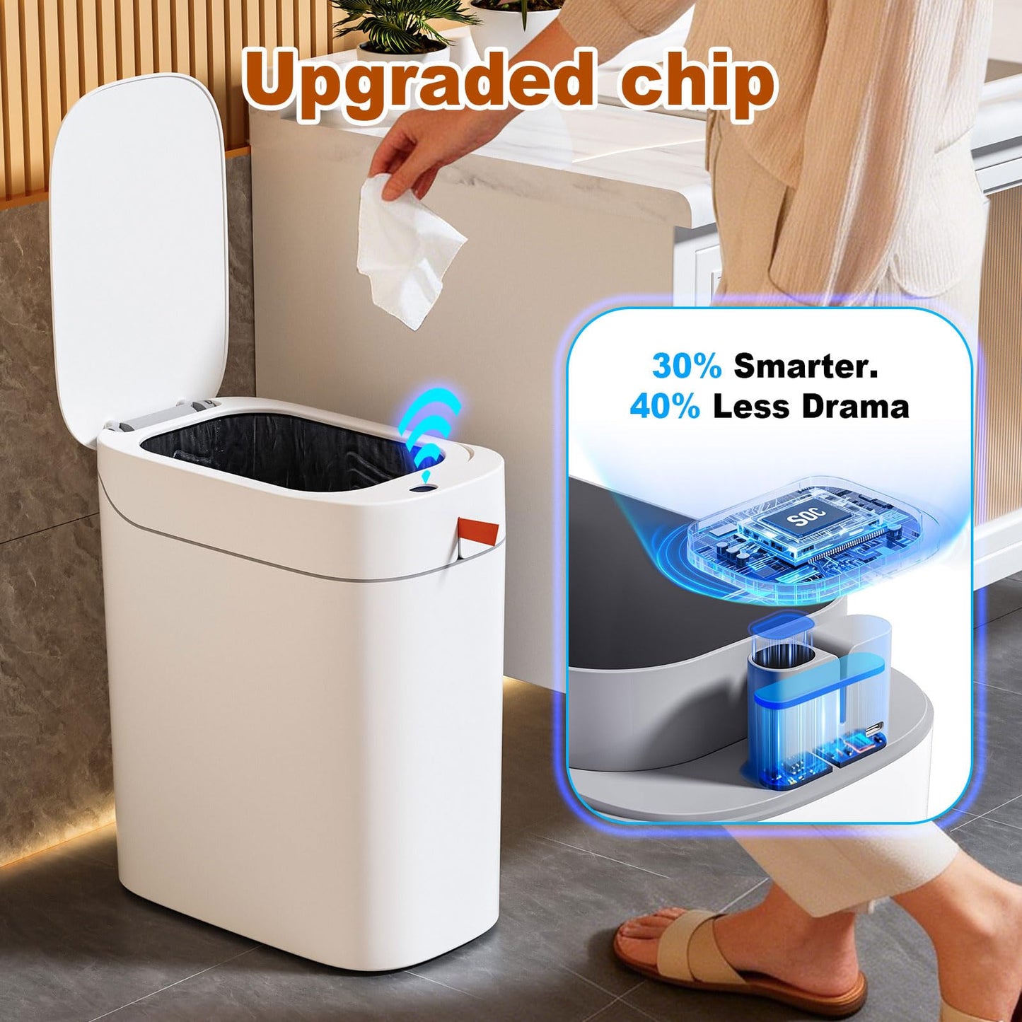 funest Bathroom Trash Can with Lid, Automatic Motion Sensor Trash Can, 3.5 Gallon Garbage Can, Type-C Rechargeable, Bag-Holding Design, One-Pull Auto Packing, Quiet-Close Hinge for Bedroom, Office
