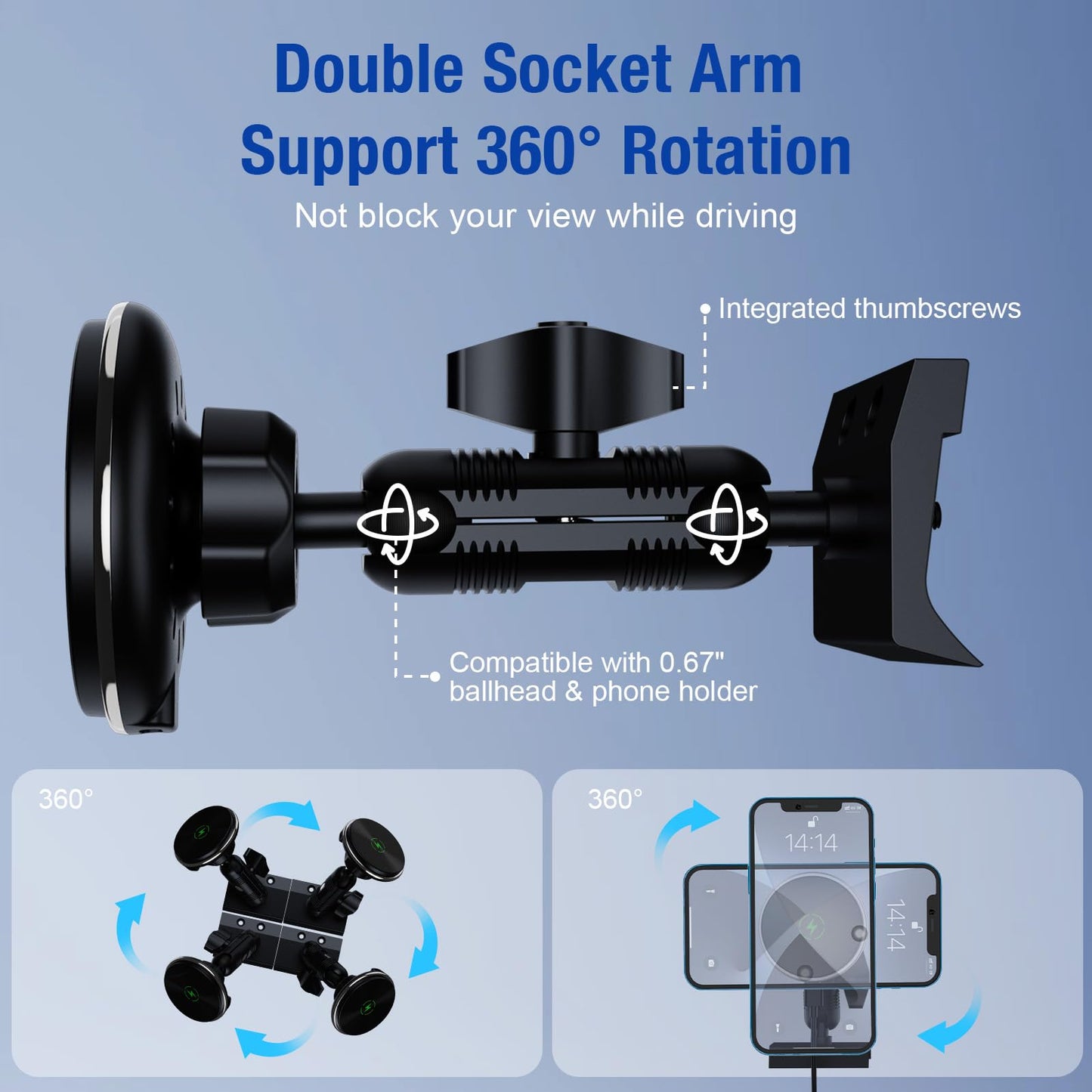 Car Charger Phone Mount for Toyota Tacoma 2016-2023, 3rd Gen Tacoma Dashboard Clip Cell Phone Cradles 360° Adjustable 20x Strong Magnet Phone Stand Cellphone Holder Fit for All Smartphones