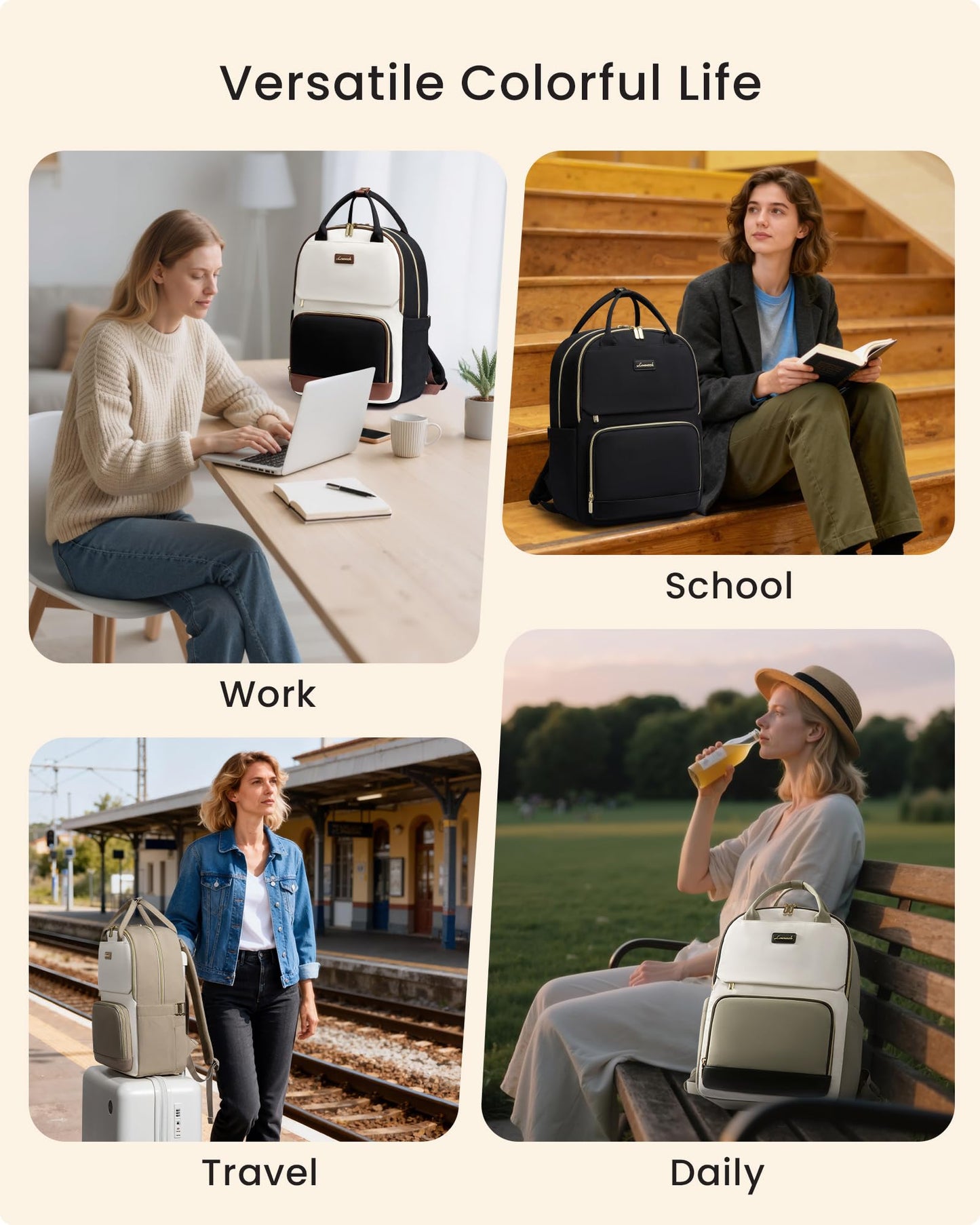 LOVEVOOK Laptop Backpack for Women with Giant Tumbler Holder Pocket, 17 inch Large Travel Work Backpack Purse for Teacher Nurse, Waterproof College Book Bag Cute Casual Daypack, Beige-Black-Brown