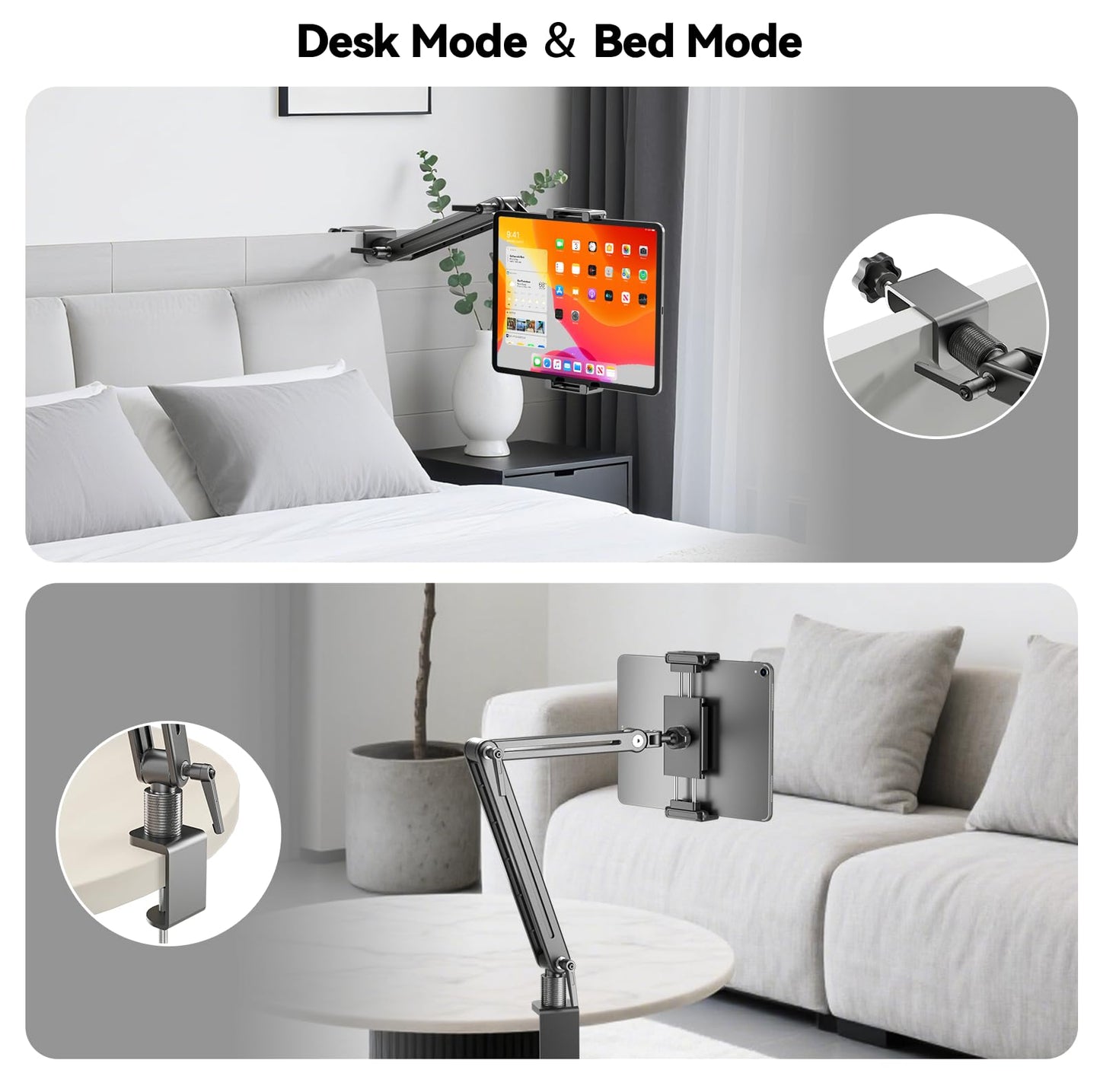Portable Monitor Stand Desk Holder- Large Clamp support up to 6.5 12.9 14.6 15.6 18.5 inch 360° Rotating Base Swivel Tall Desk Arm Mount for iPad Pro/Mini/Air/Surface Strong Bearing Weight over 5.5lbs