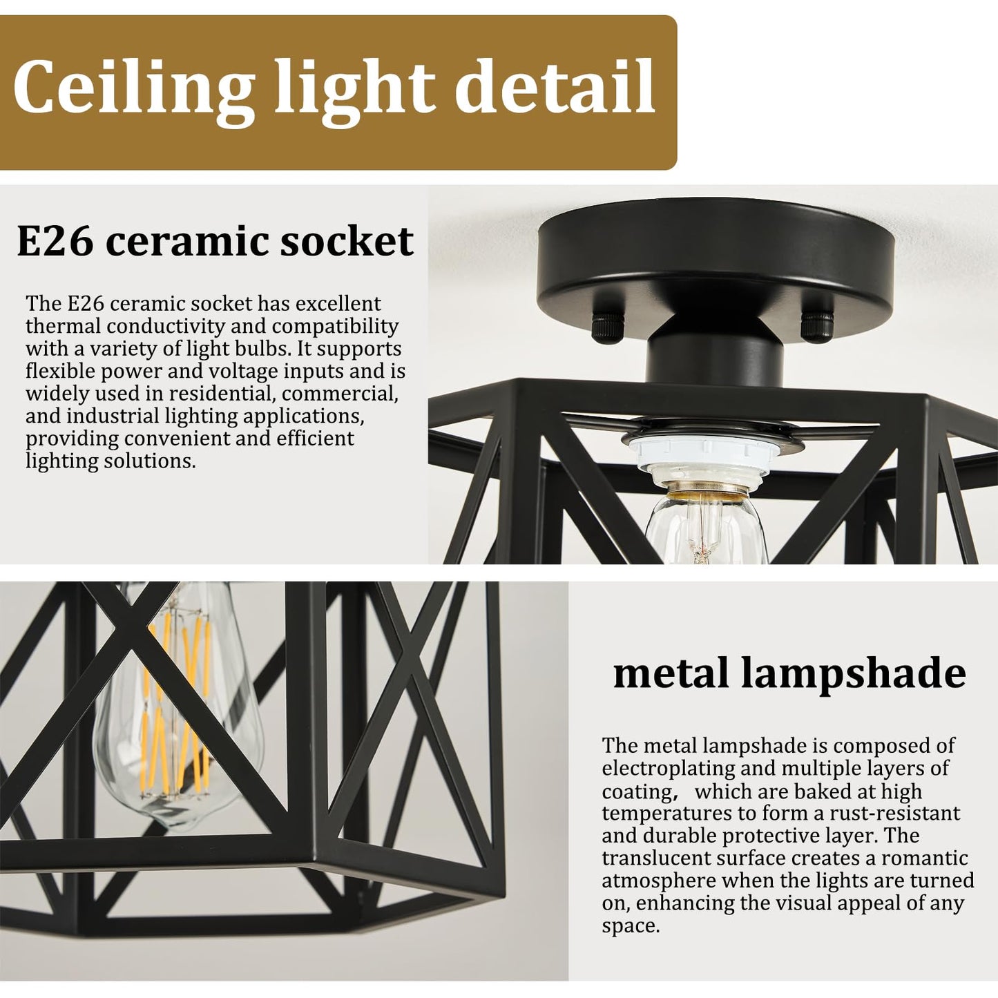 KUZIEG Modern Farmhouse Semi Flush Mount Ceiling Light,Industrial Black Ceiling Lighting Fixture,Hexagonal Close to Ceiling Lights for Kitchen, Hallway, Entryway, Bedroom,Foyer,Laundry Room,9.5 Inch