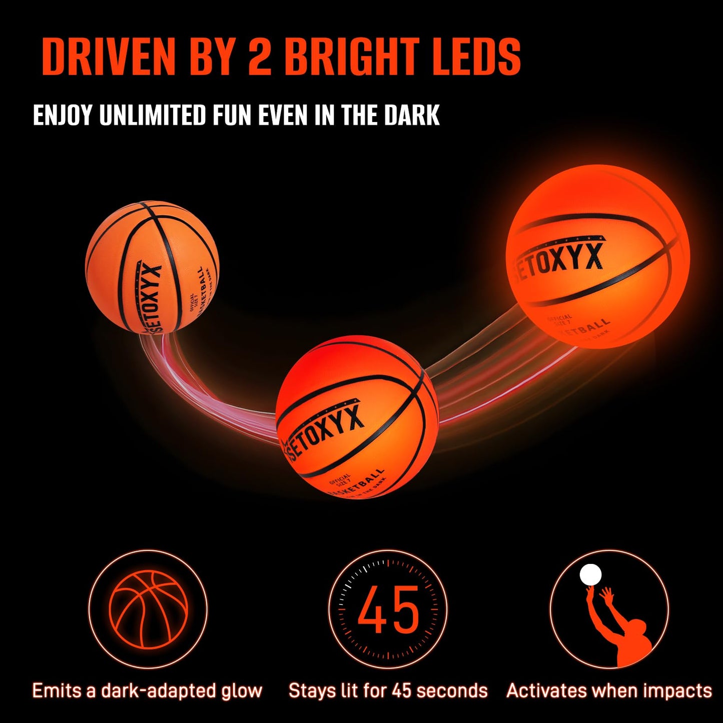 SETOXYX Glow in The Dark Basketball, Light Up Basketball for Teen Boy, Official Size 7 with 6 Spare Batteries, Gift for Boys & Girls 6-15+ Year Old, Outdoor Sports Toy Halloween