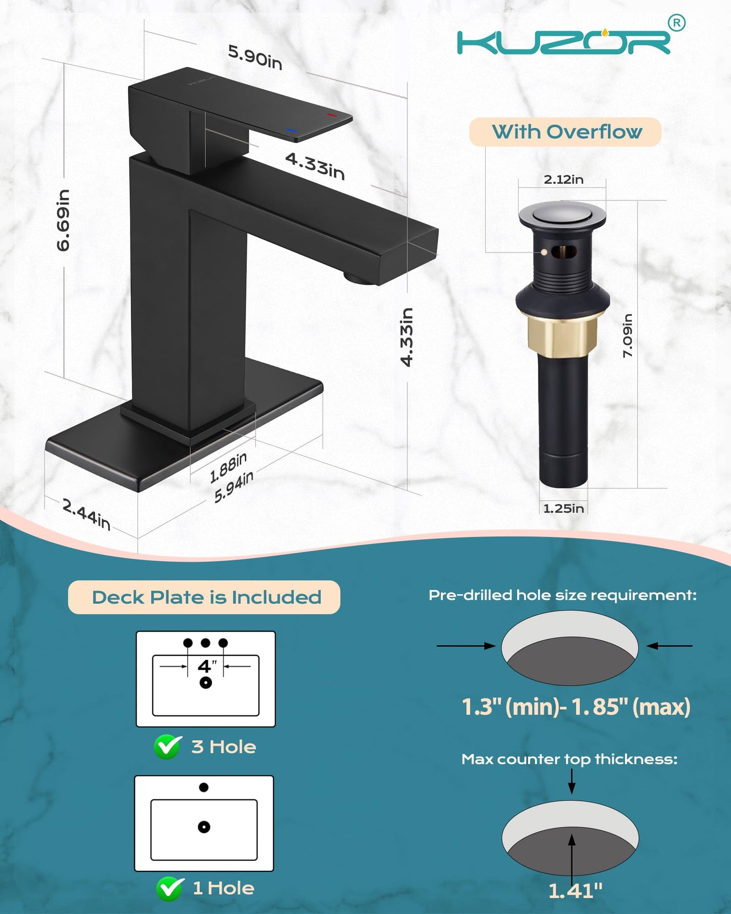 KUZOR Matte Black Bathroom Faucet Single Hole, 304 Stainless Steel One Handle Bathroom Sink Faucet with Metal Pop Up Drain, for Modern Bath/Vanity - 6.69 Inch Height