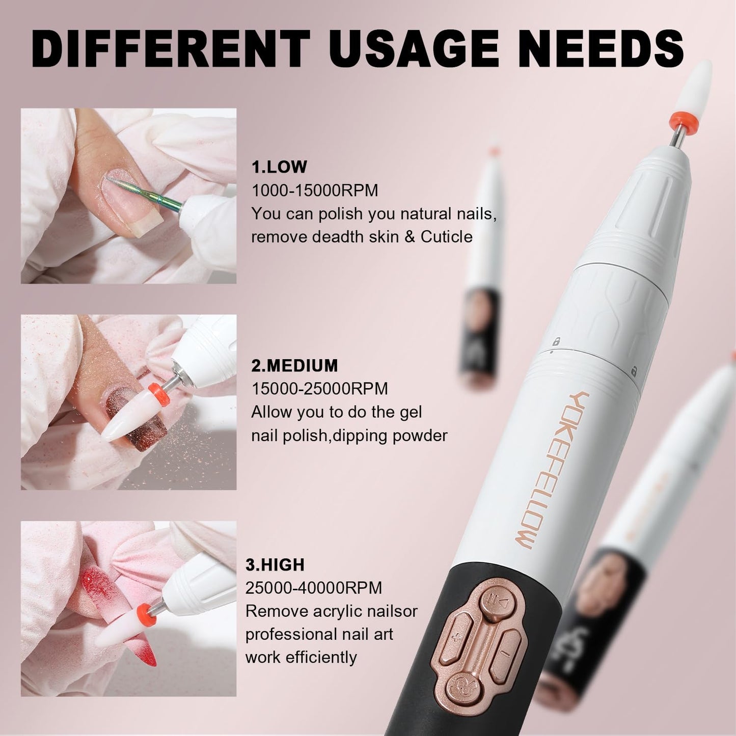YOKE FELLOW Electric Nail Drill - 40000 RPM Protable Electric Nail File for Acrylic Cordless Nail Drill Professional with 17 Drill Bits for Nail Salon