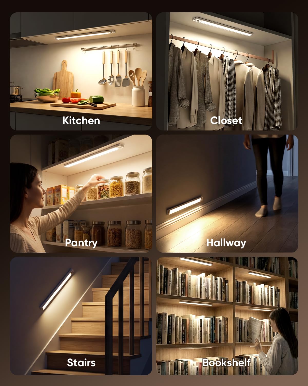 16inch Under Cabinet Lighting, 216LED Motion Sensor Light Indoor, Rechargeable Closet Lights, 3 Color Temps, Dimmable, Wireless Under Counter Lights for Kitchen, Stairs, Pantry, 4 Pack