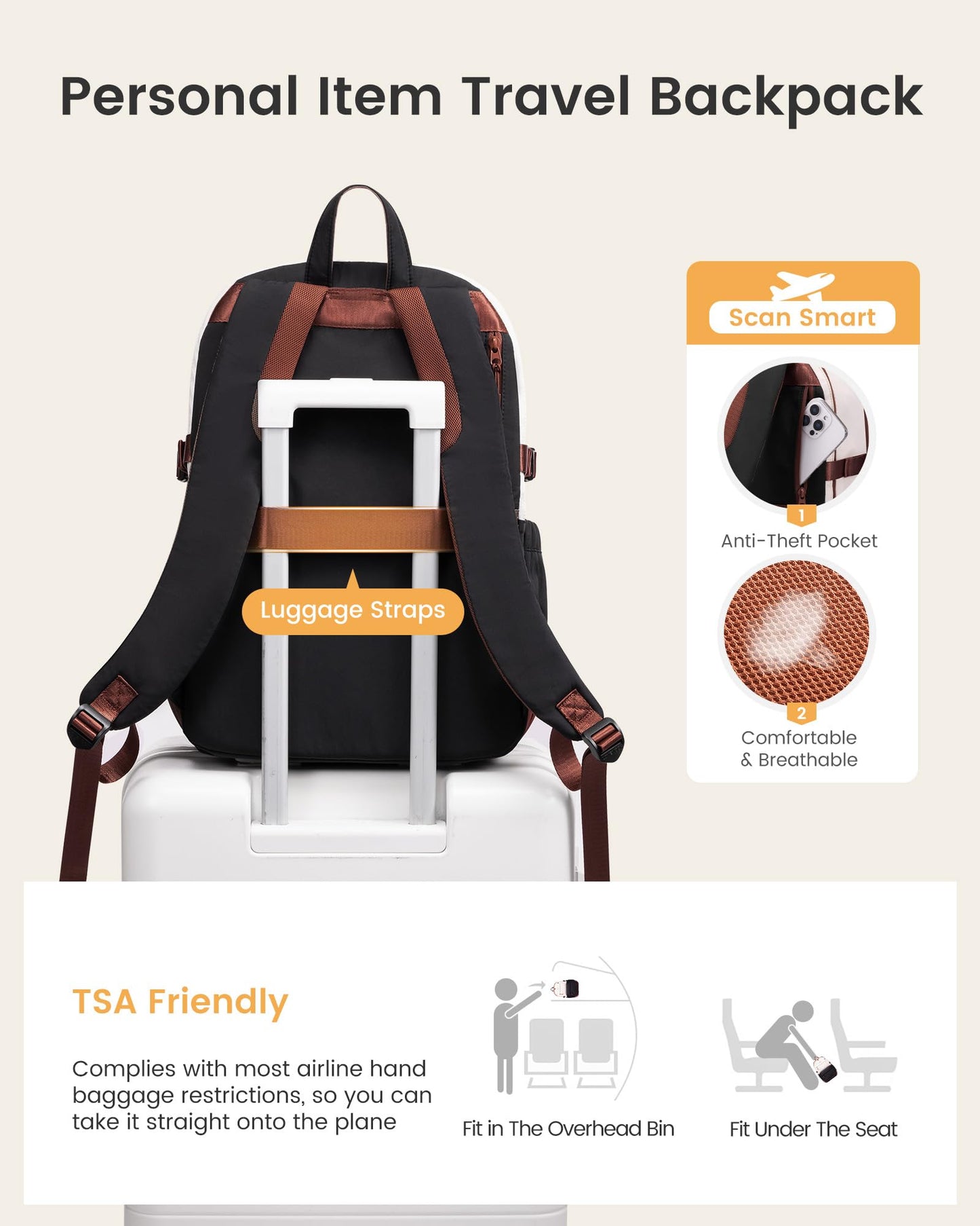 LOVEVOOK Laptop Backpack for Women with Giant Tumbler Holder,15.6 Inch Laptop Computer Bag Travel Backpack Purse,Waterproof Work Business Backpack College Bookbag Teacher Bags,Beige-Black-Brown