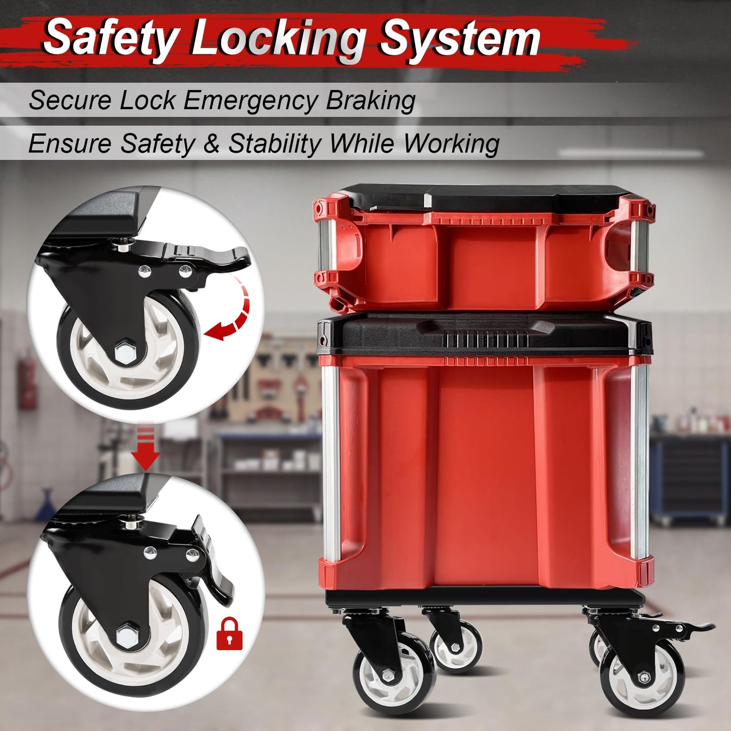 Heavy Duty Tool Box Dolly Compatible with Mil.Waukee Packout Toolboxes, Thickened Carbon Steel Frame and Larger Wheels with Brake System, No Drilling Required, Load-Bearing Capacity Up to 200lb