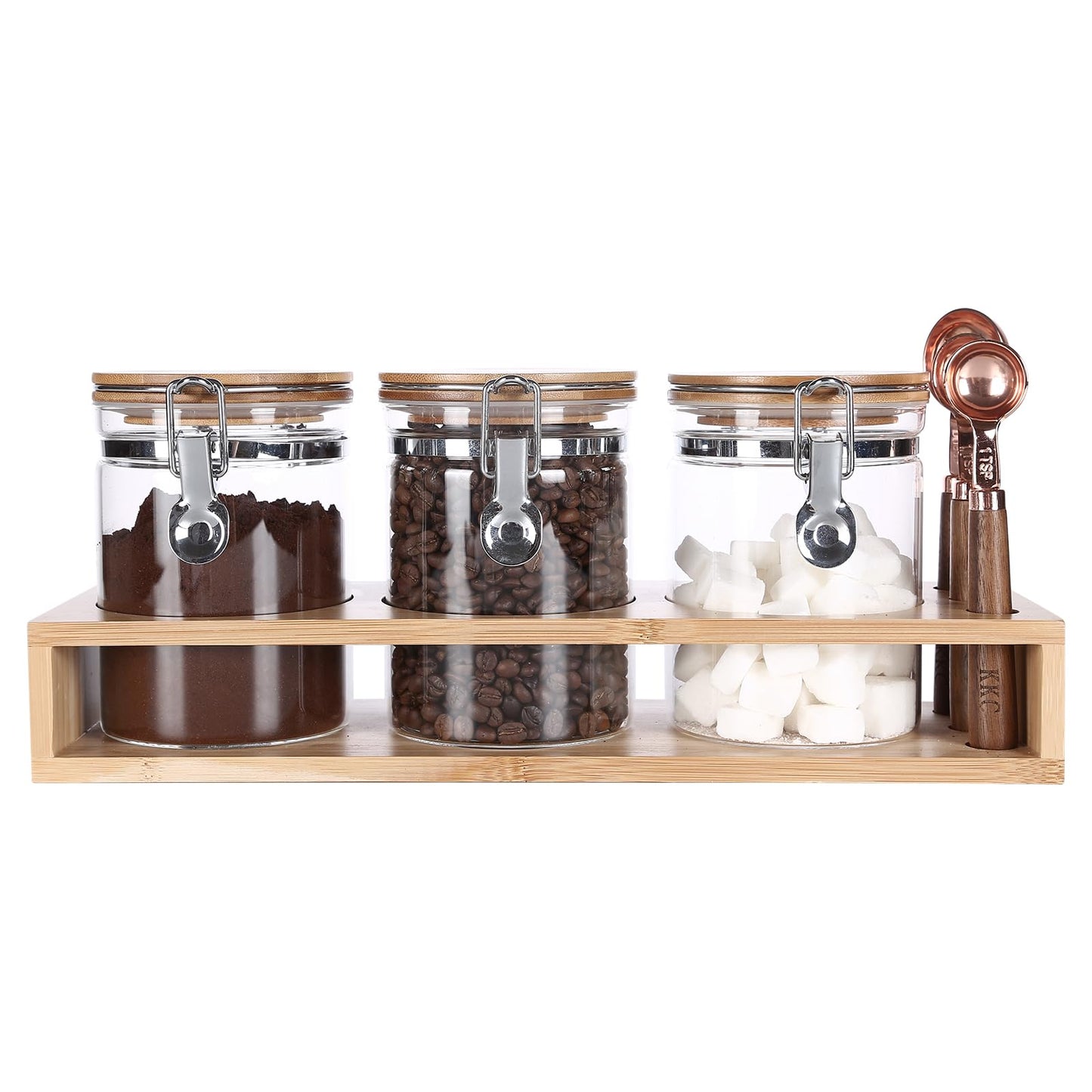 KKC Glass Storage Jars with Airtight Hinged Lids,Sealed Glass Containers for Loose Leaf Tea,Coffee Bean,Ground Coffee,Brown Sugar, Sealed Jar Canisters with Spoon for Kitchen Counter,27 Fluid-oz