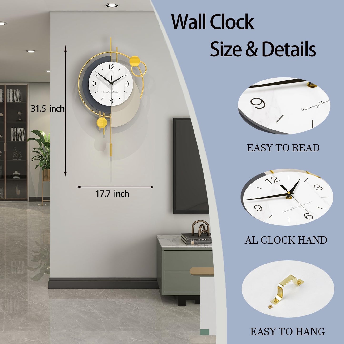 FLEBLE Decorative Wall Clock Silent Quality Quartz Wall Clock with Pendulum Battery Operated Large Clock for Living Room,Kitchen,Home,Bathroom,Bedroom Wall Decor,18x31 inches
