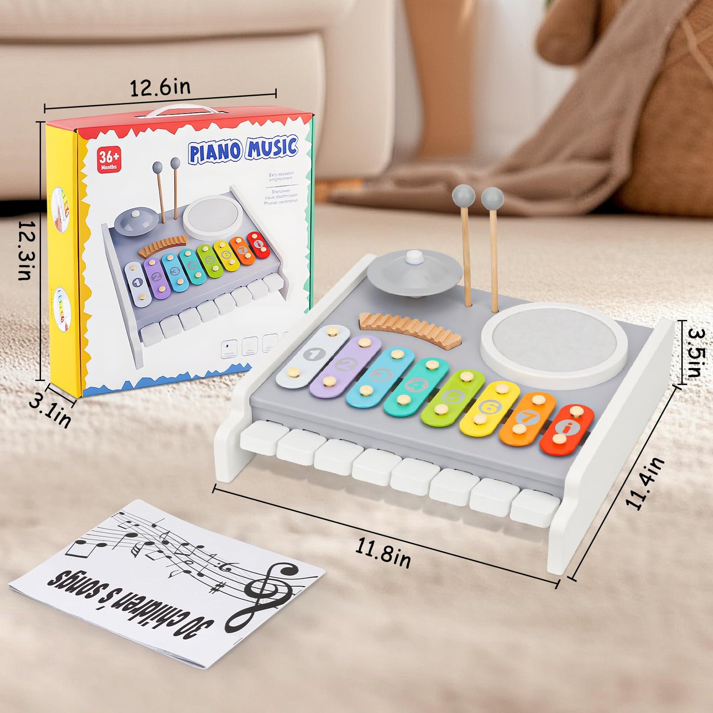 Kids Musical Instruments Piano Drum Set - 5 in 1 Montessori Toys for Toddler Baby, Wooden Music Kit with Piano Keyboard Xylophone, Preschool Educational Sensory Toys, Gifts for Boys Girls