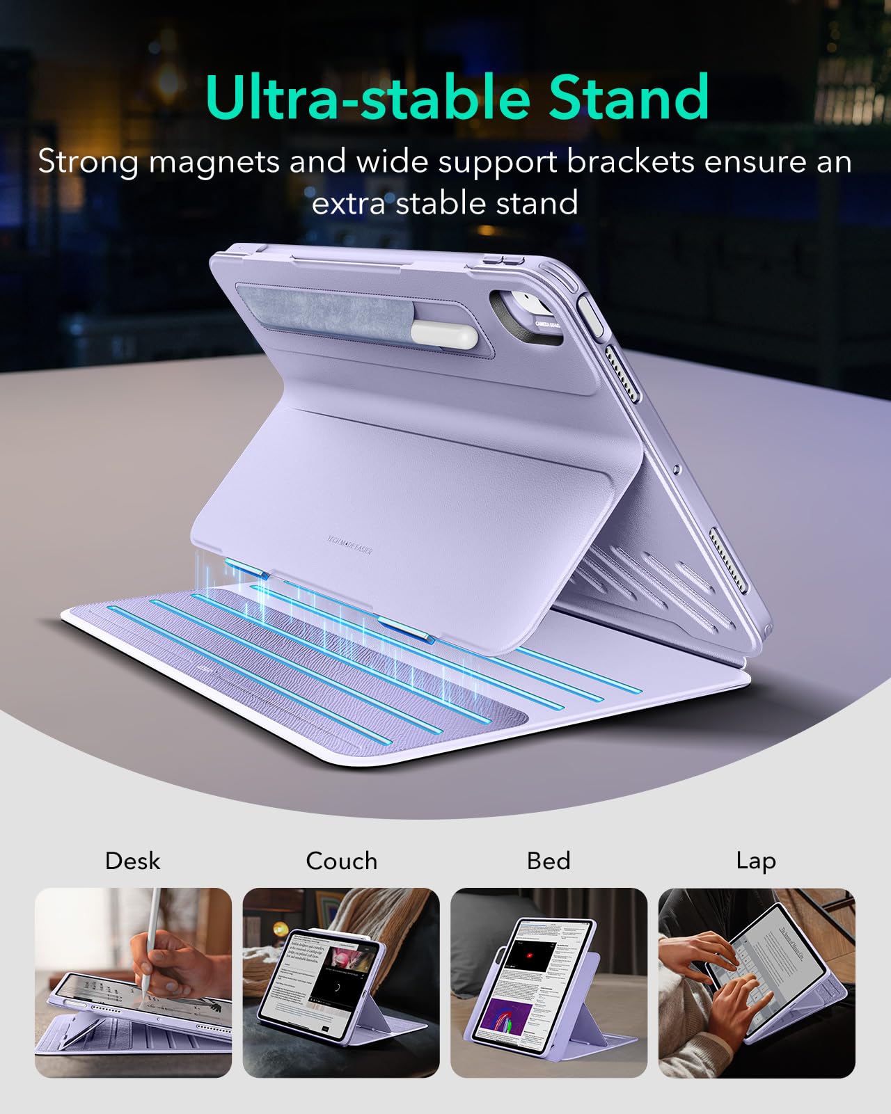ESR for iPad Air 11 Inch Case M3/M2 (2025/2024), iPad Air 5th/4th Gen Case (2022/2020) 10.9 Inch, Removable Magnetic Cover, Adjustable Portrait/Landscape Stand, 9 Standing Angles, Light Purple