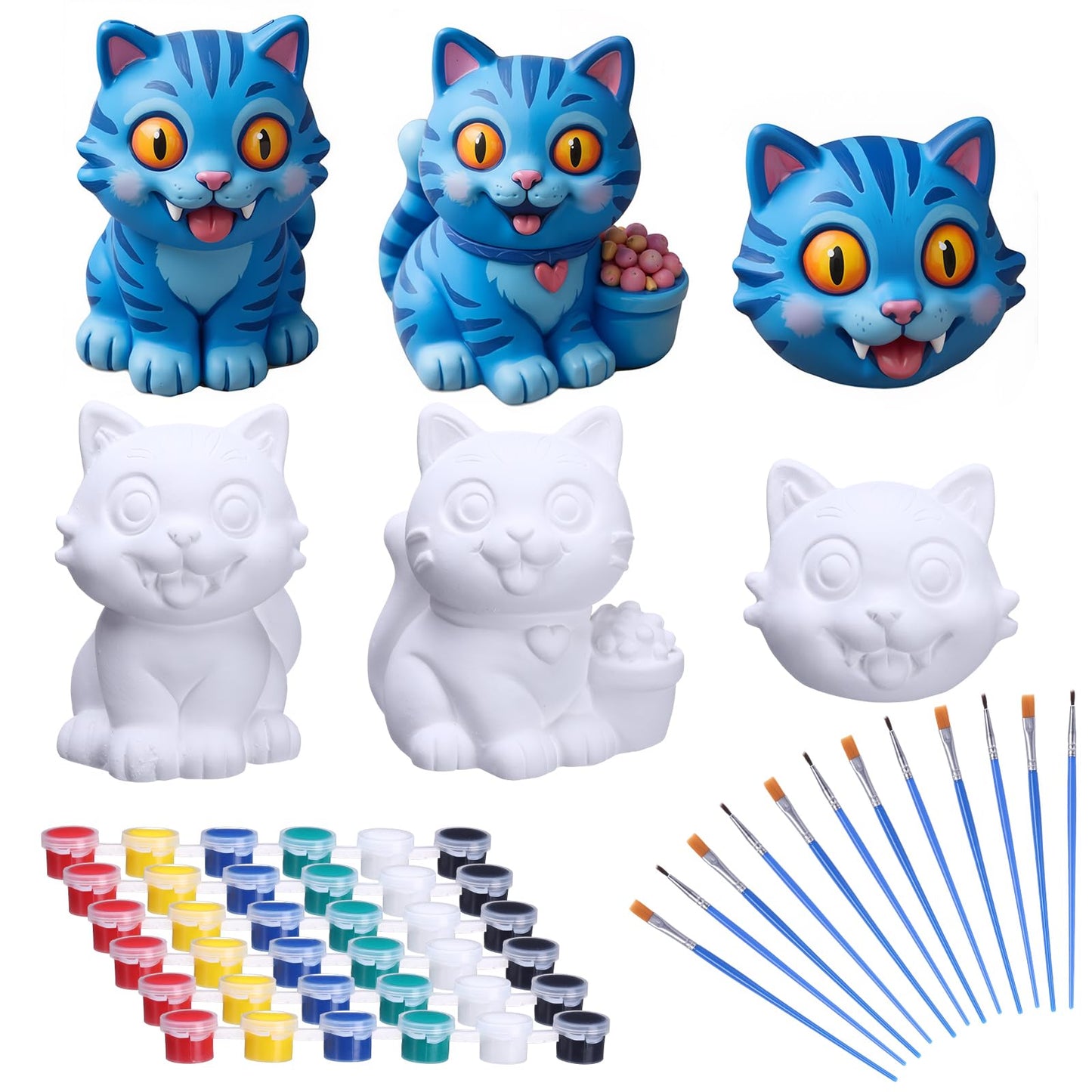 Jenaai 6 Pcs Kpop Theme Party Cat Ceramic Painting Kit DIY Blue Cat Gypsum Figurine Paint Craft Paint Your Own Kitten Statue for Birthday Gifts Decoration Friendship Fans Favor