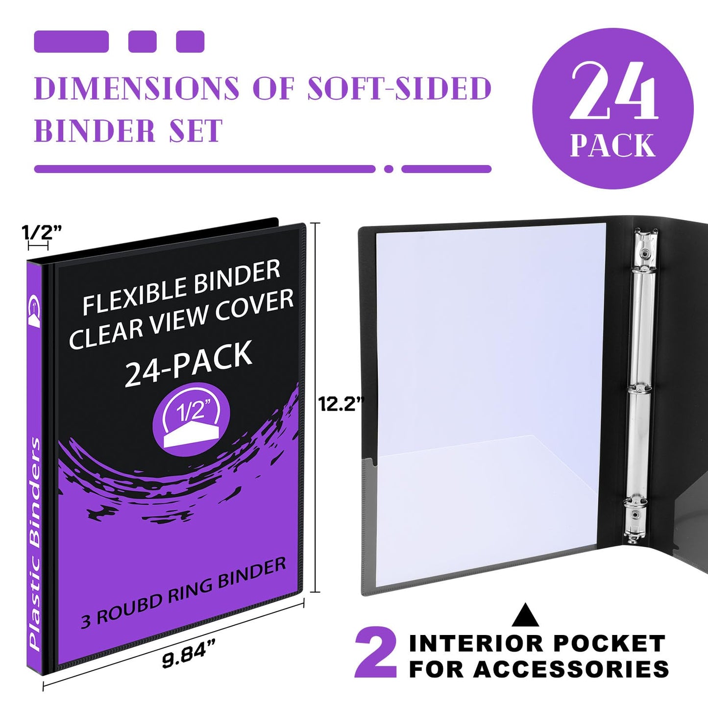 Fulmoon 24 Pcs 3 Ring Plastic Binders Bulk with 2 Pockets Flexible Binder with Transparent View Cover Plastic Binder for Home Office(1/2 Inch,Black)