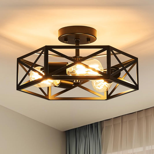 Bwxcie Modern Farmhouse Black Ceiling Light,Industrial Semi Flush Mount Ceiling Lighting Fixture,Hexagonal Lighting Fixtures for Kitchen,Bedroom,Foyer,Dining Room,Hallway,3-Light,14.6 Inch