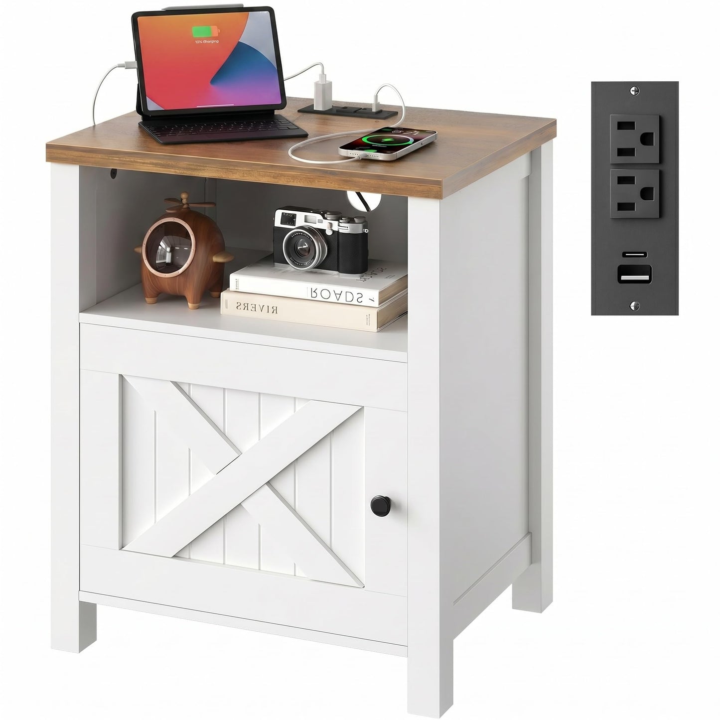 Marsail Farmhouse Nightstand, Wood Bedside Table with Charging Station, Night Stand with Shelf and Doors, End Table with Storage Side Table for Bedroom, White & Brown (1 Pack)
