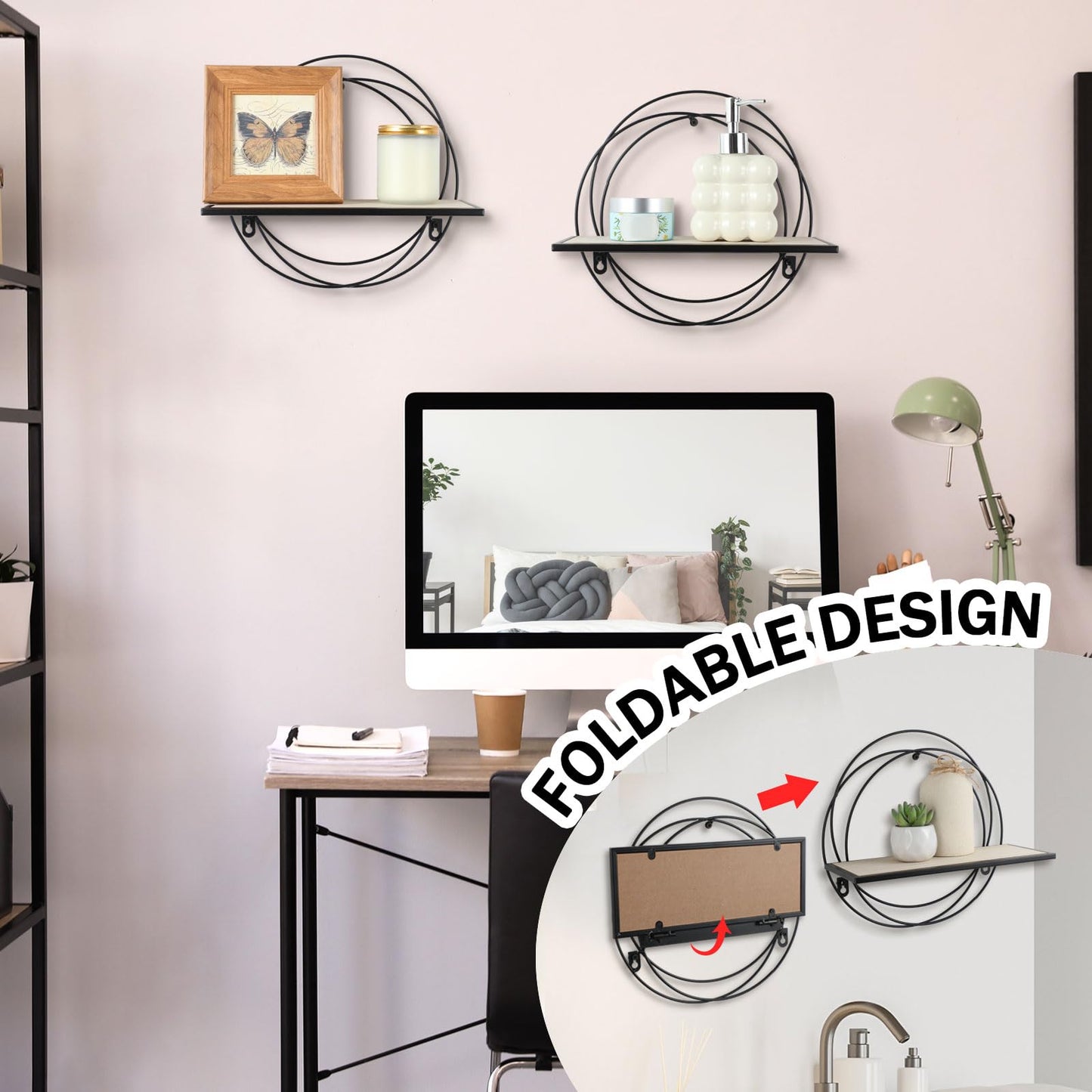 Yaocom 3 Pcs Floating Shelves Wall Mounted Hanging Shelf with Metal Wire and Wood, Foldable Round Shelf Wall Decor for Storage Bedroom Bathroom Living Room Kitchen Office Home Decoration (Black)