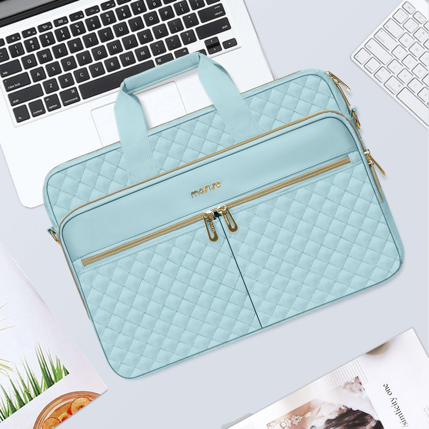 MOSISO 15-16 inch Laptop Bag, Laptop Briefcase Messenger Compatible with MacBook Pro 16/Air 15, HP, Dell, Lenovo, Square Quilted Computer Bag Work Office Business with 3 Pockets&Strap, Ice Blue