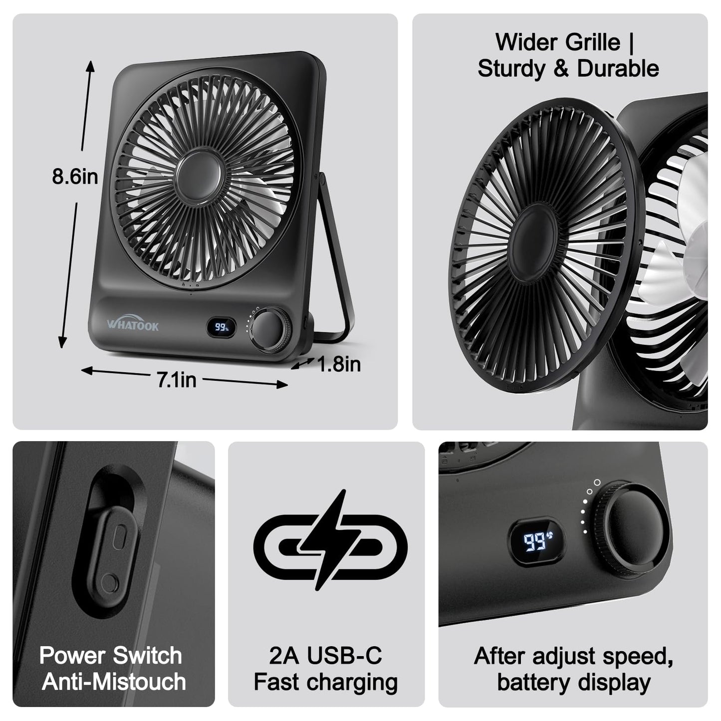 WHATOOK Large Travel Desk Fan: 10000mAh Battery 40 Hours Runtime Silent Rechargeable Fans, Quite Personal Portable Fan for Camping Bedroom Office Small Desktop fan (8.3 * 7.1inch Black) (Black)