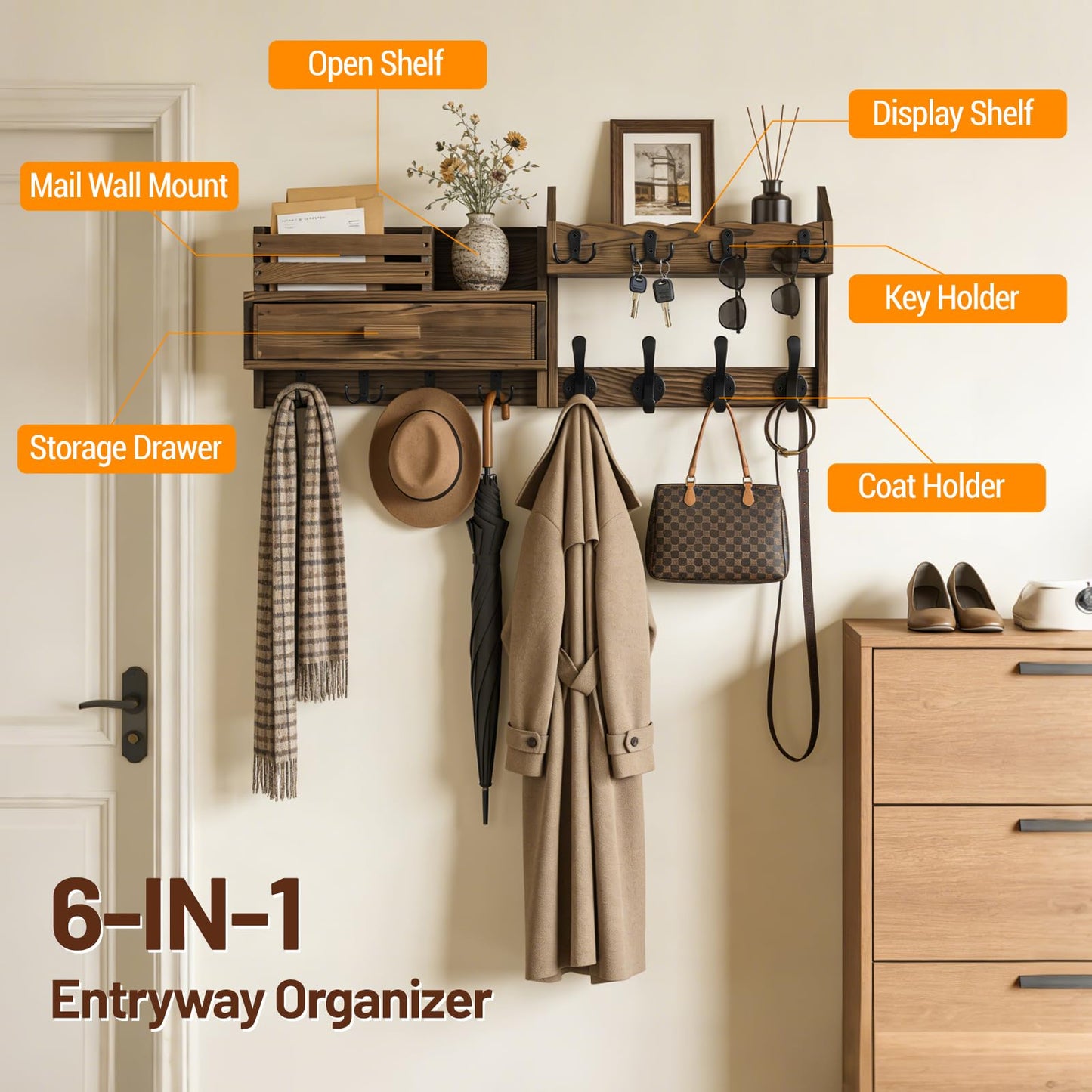 Dellicasi 29" Coat Rack Wall Mount with Shelf & Drawer, Heavy Duty Wood Entryway Organizer, Wall Coat Hanger with 12 Metal Hooks, Wall Mounted Coat Rack Key & Mail Holder for Living Room, Bedroom