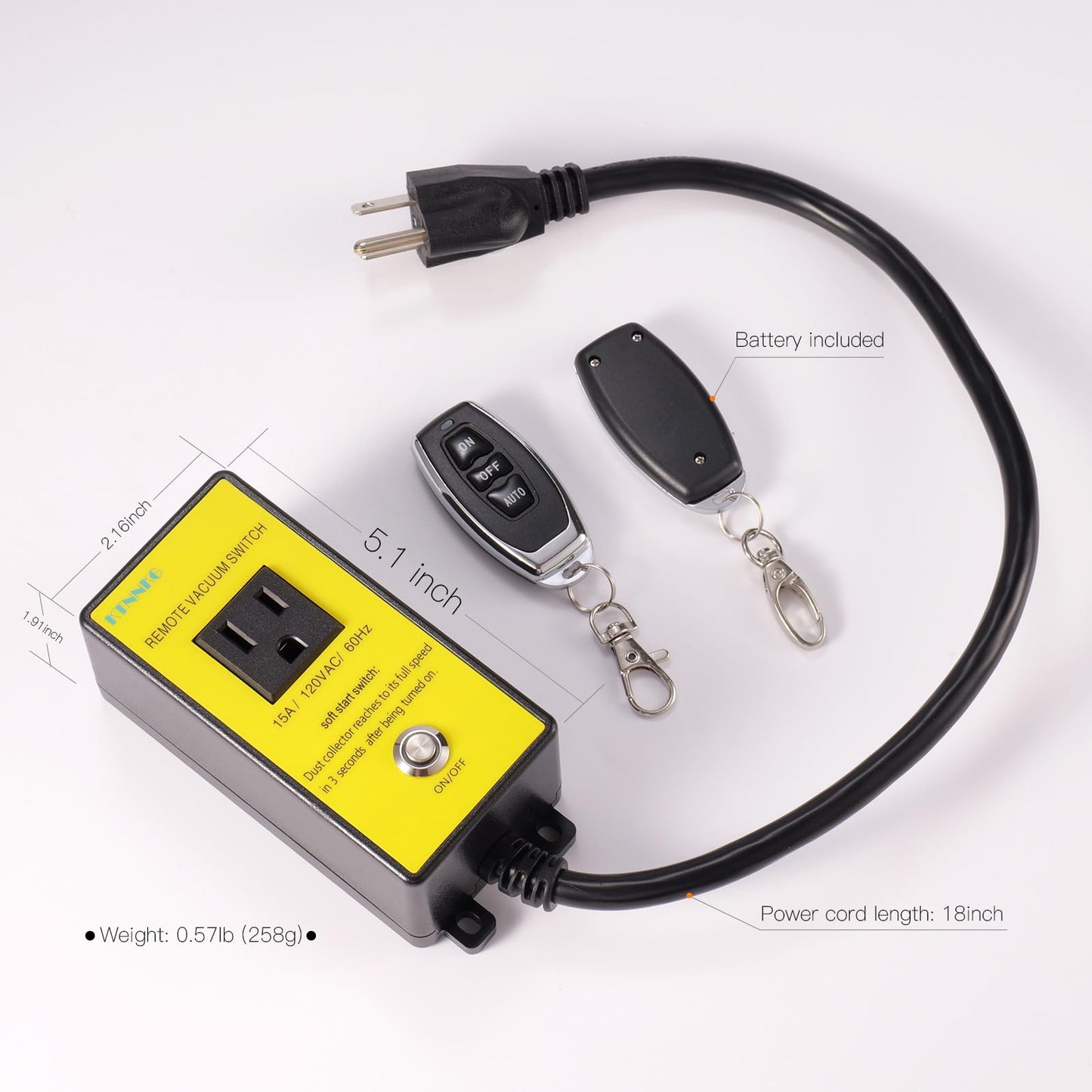 KTNNKG 120V Soft Start Outlet Automatic Switch, Remote Switch for Vacuum and Table Saw with 2 Remote Control,15A 60Hz 1800W