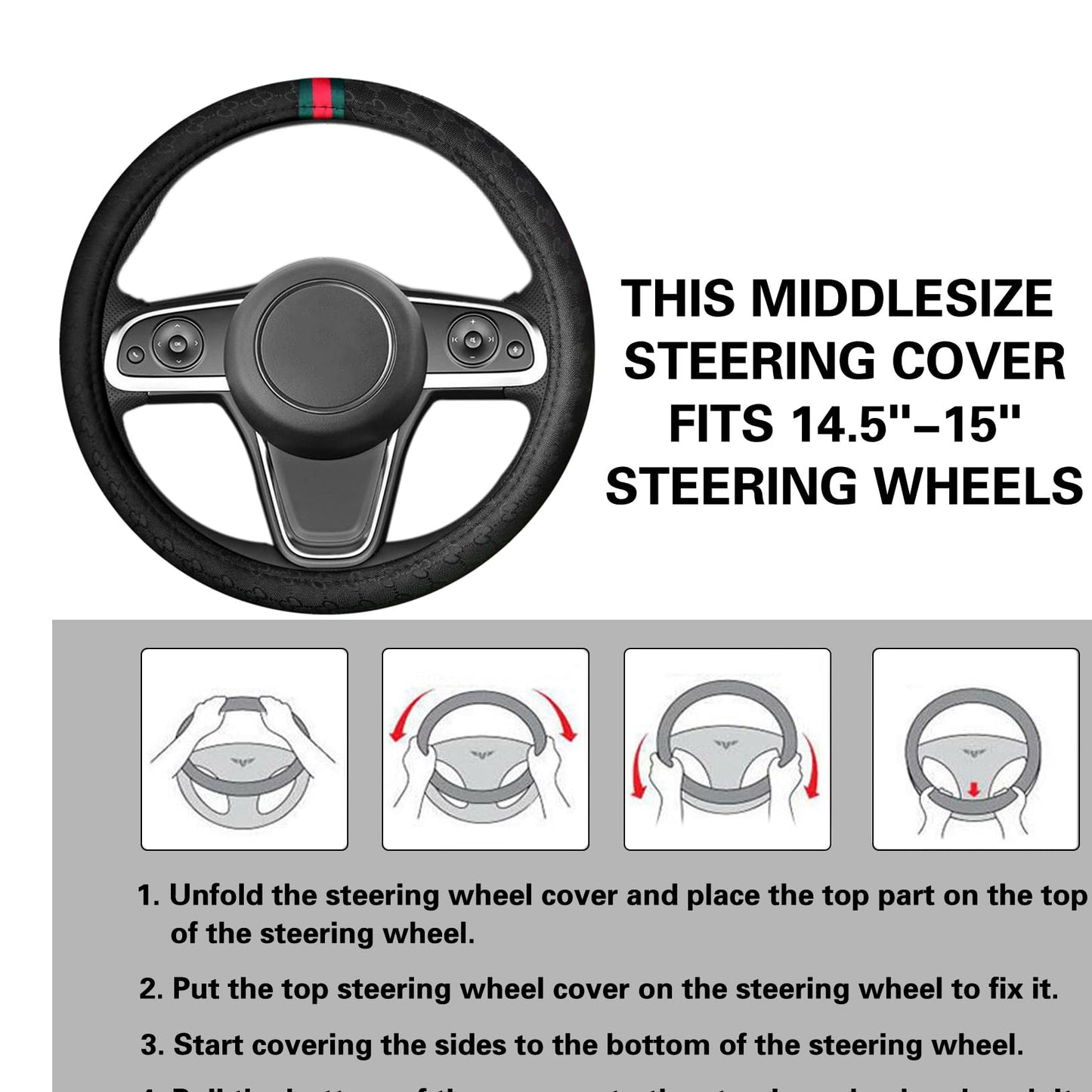 5PCS Steering Wheel Cover, with 2 Headrests, 2 Seat Belt Covers - Universal Fit for 14.5-15" Steering Wheel, Enhances Driving Experience - Perfect for Women (Black)