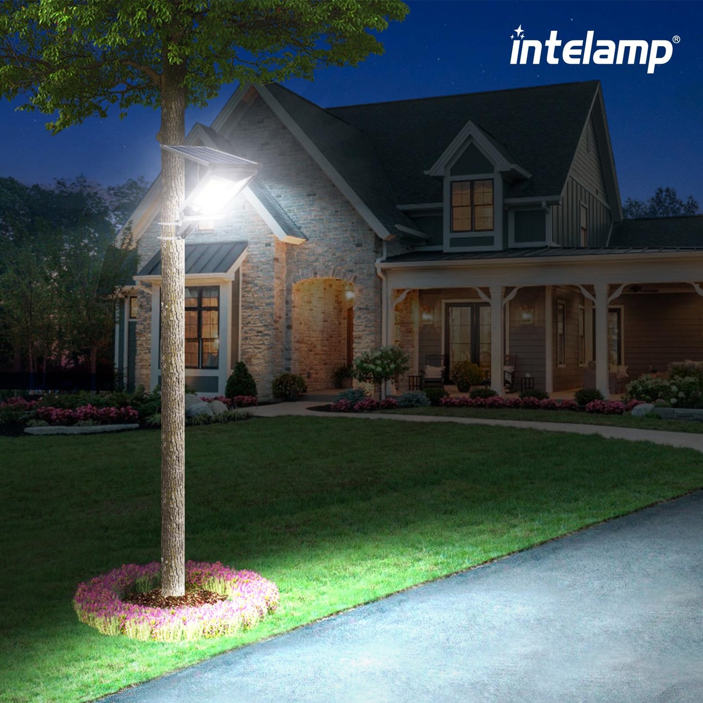 intelamp Solar Street Lights Outdoor Waterproof 3000LM 12500mAh Dual Motion Sensor Dusk to Dawn Security Floodlight Lamp Outside, LED Flood Lighting Exterior with Remote for Parking Lots Patio Yard