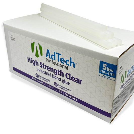 AdTech Professional High-Strength Industrial Bond Hot Glue Sticks – 10" Full Size, Clear, High Temp, Fast 20-Second Set Time, Strong Adhesion to Most Materials, 5 lb Box